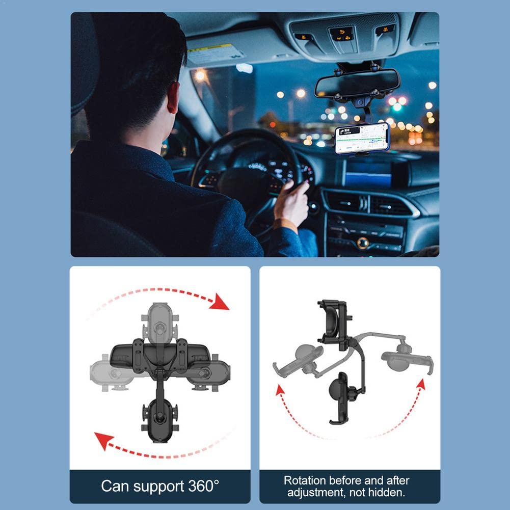 Hiyitks Car Phone Holder Mount Rear View Mirror Phone Holder For Car Multifunctional 360° Rotatable And Retractable Car Cell Phone Stand Adjustable Rearview Mirror Mount