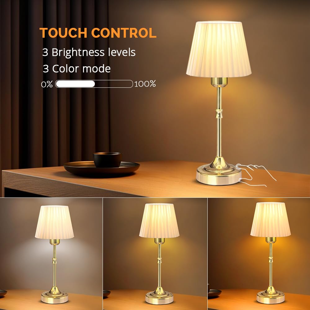 Leroxo Cordless Led Metal Table Lamp, Portable Fabric Shade Desk Lamp, 3-Level Brightness, Touch Sensor Control, Rechargeable Bedside/Nursery/Dining Room Lamp