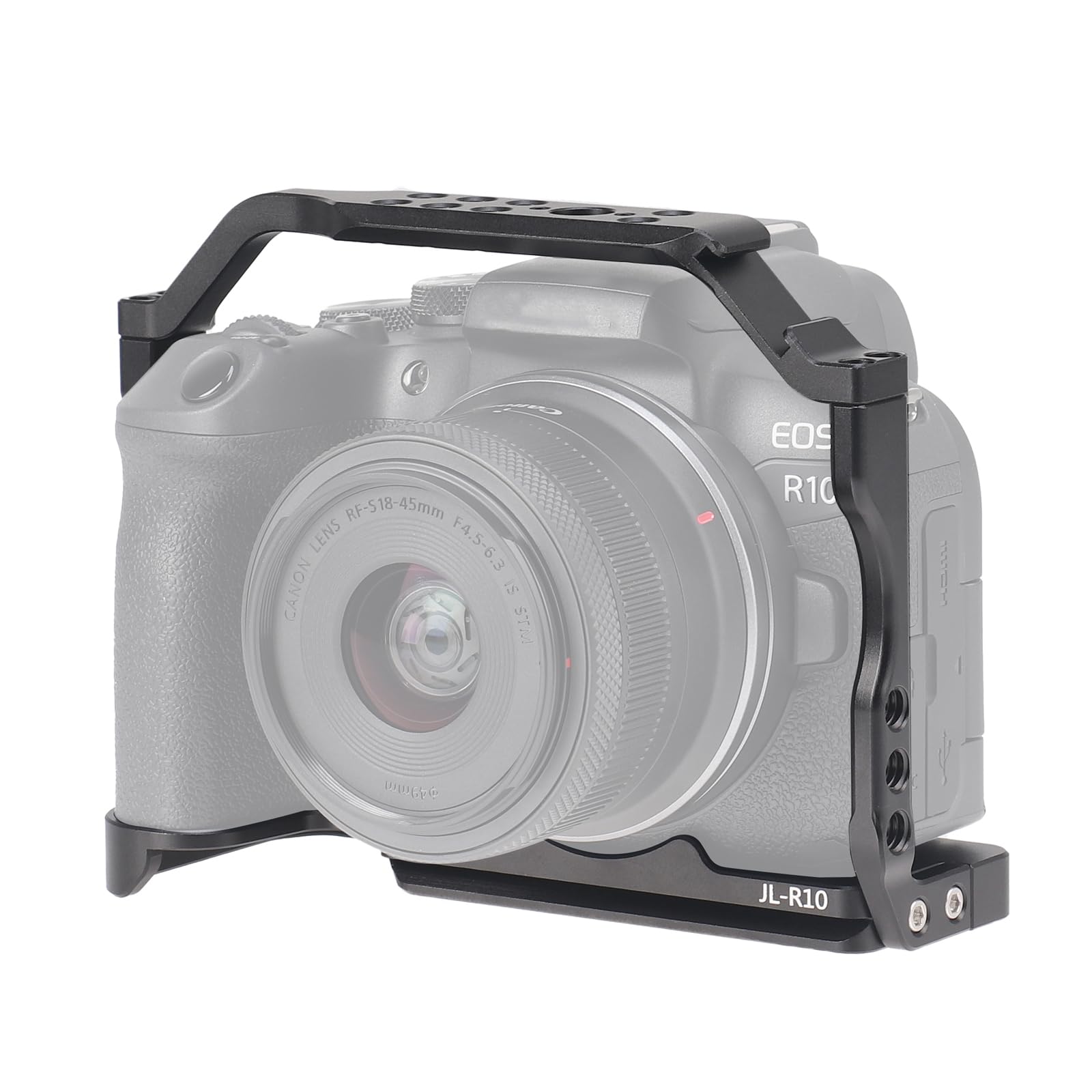 Focusfoto Camera Cage For Canon Eos R10 Mirrorless Camera, Aluminium Video Rig With Nato Rail, Cold Shoe, 1/4" Screw Mouting, 3/8"-16 Locating Pins For Arri Grip, Quick Release Plate For Arca Tripod