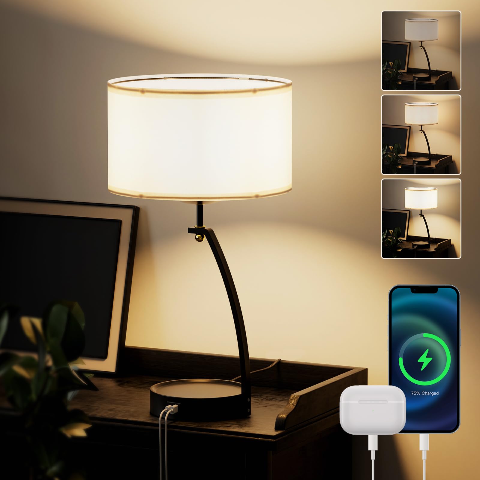 Hymela C07-3 Bedside Table Lamp - 3-Way Dimmable Touch Lamps For Bedroom, Black Nightstand Lamp With Usb C+A Charging Ports, Simple Modern Side Lamps For Living Room, Entryway, Hallway, Bulb Included