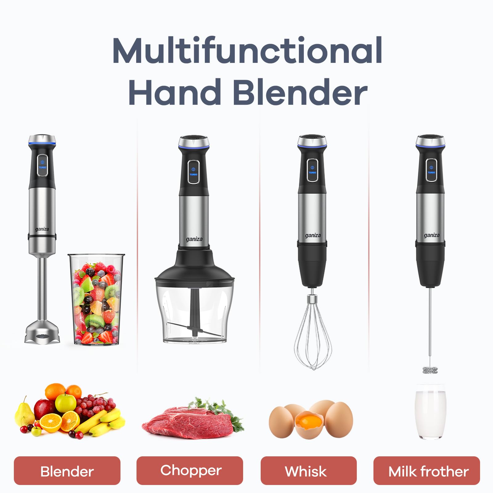 Ganiza Immersion Blender 5 In 1 Hand Blender Max 1000W Heavy Duty Motor, 16 Speed Mode Handheld Blender Stainless Steel Blade With 800Ml Mixing Beaker, 600Ml Chopper, Whisk And Milk Frother
