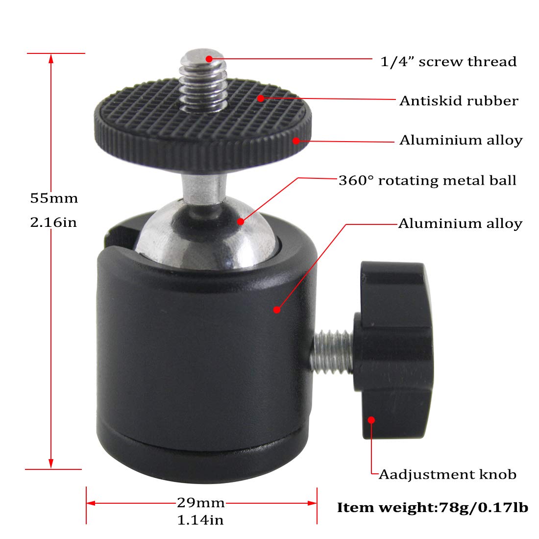 Exmax 360 Degree Aluminum Alloy Body Rotating Swivel Mini Tripod Ball Head With 1/4" Screw Thread Base Mount For Lighter Dslr Camera Camcorder Led Light Bracket Hiking Htc Vive (Black)
