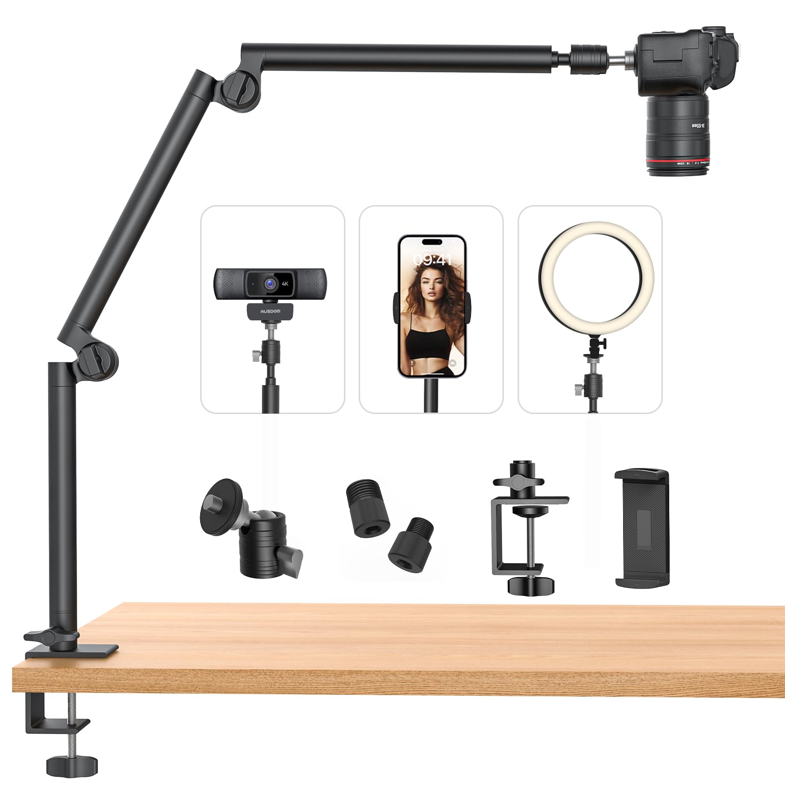 Takerers Overhead Camera Mount Desk Stand, 3-Section Flexible Detachable Articulating Boom Arm With 1/4'' 3/8'' 5/8'' Screw, Ball Head, Phone Holder For Light/Webcam/Microphone/Live Stream/Dslr Camera