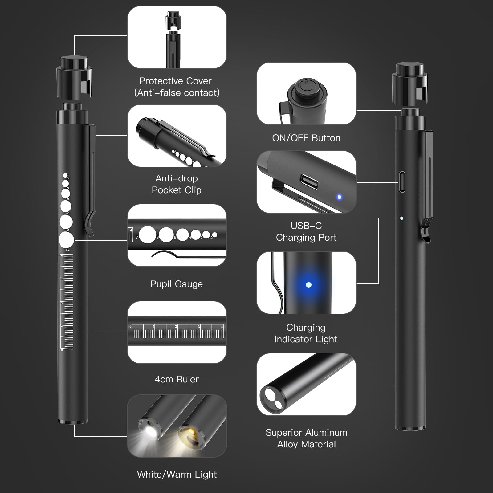 Sevenka 2 Rechargeable Pen Lights With Pupil Gauge & Ruler, Led Penlights For Nurses Doctors, Usb-C Rechargeable, Warm/White Light, Pocket Clip, Penlight Flashlights For Nursing Student