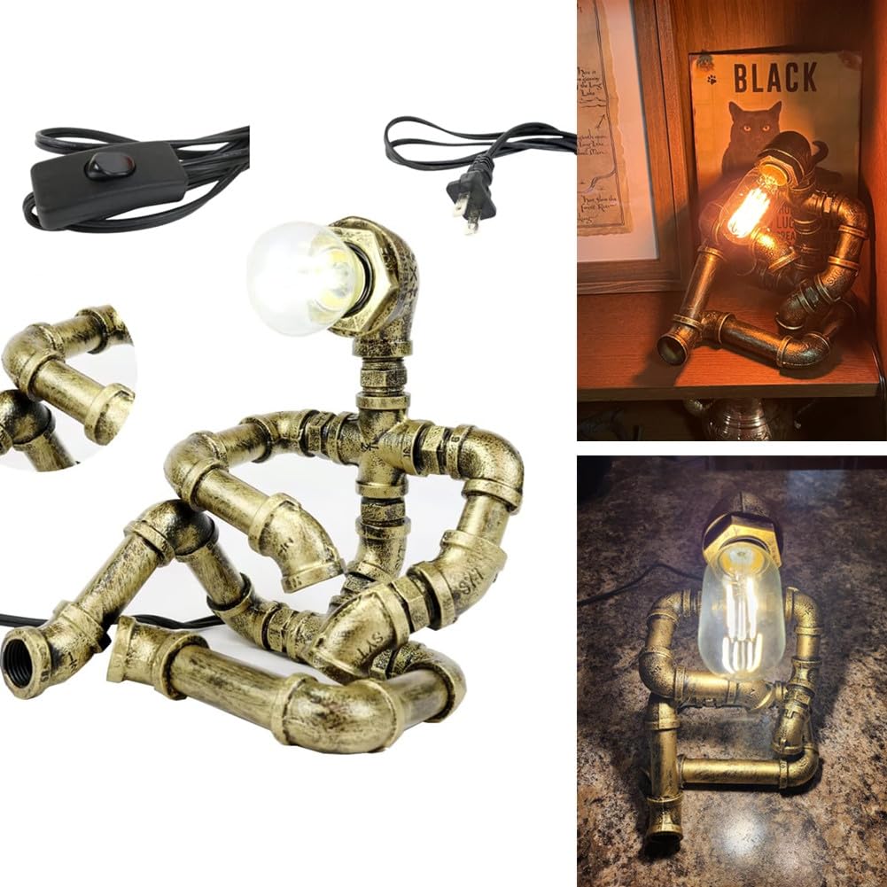 Pupery Steampunk Table Robot Lamps With 2 Bulbs,Retro Industrial Robot Desk Lamps Water Pipe Light For Office,Bedroom,Living Room In Bronze