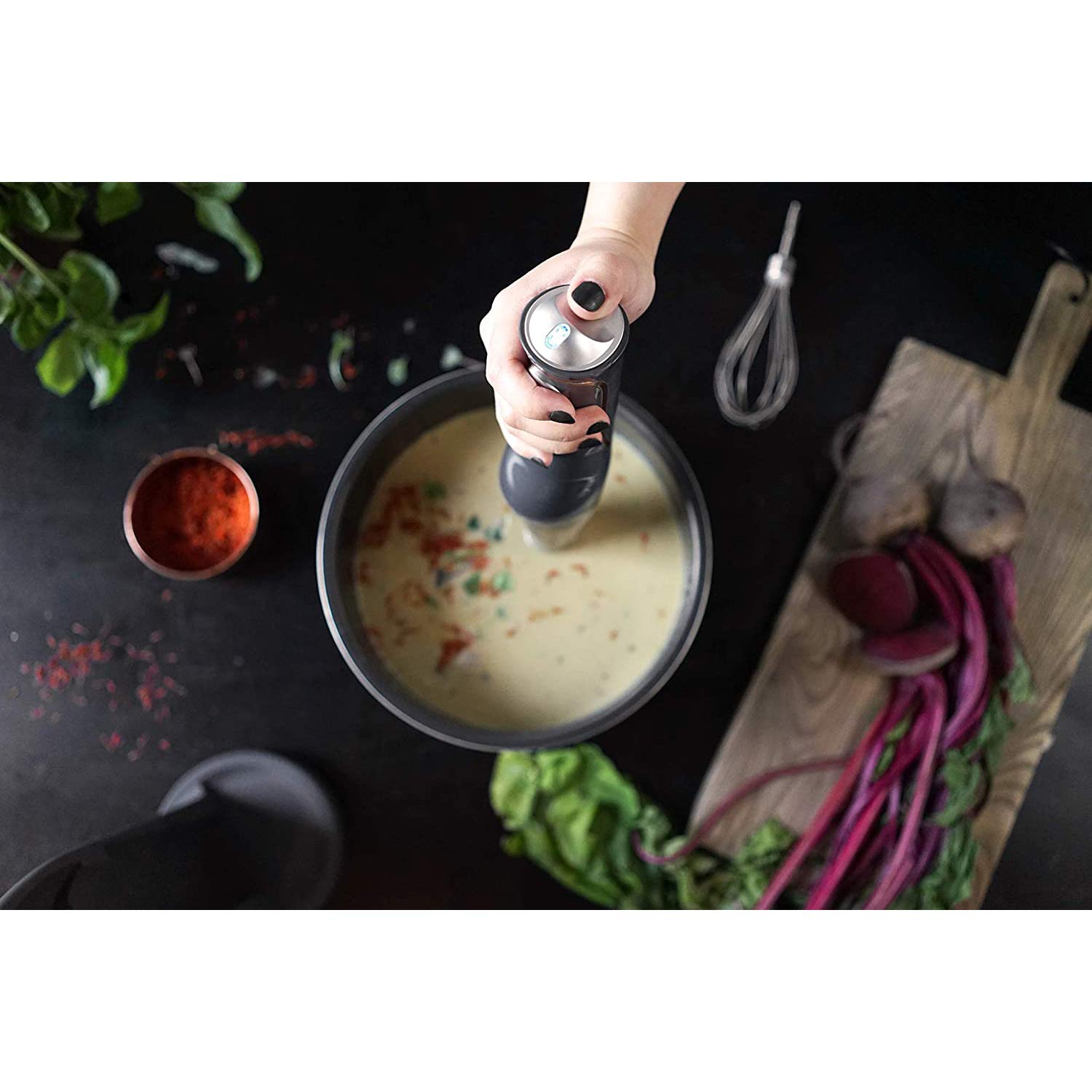 Crux Cordless Hand Immersion Blender, 7.5 Inch Blending Arm, Mix, Whip, Puree Sauces/Soups, Rechargeable, Easy To Clean, Dishwasher Safe Removeable Parts, Stainless Steel/Black, 14790