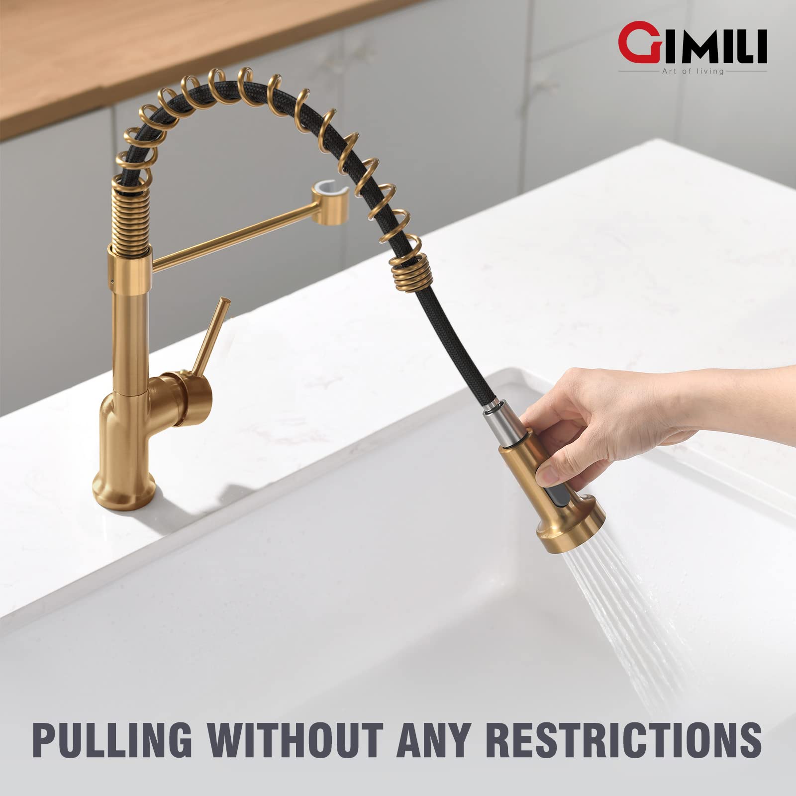 Gimili Brushed Gold Kitchen Faucet With Pull Down Sprayer Brass Single Handle Spring Kitchen Faucets, Rv Farmhouse Utility Bar Laundry Faucet For Kitchen Sink