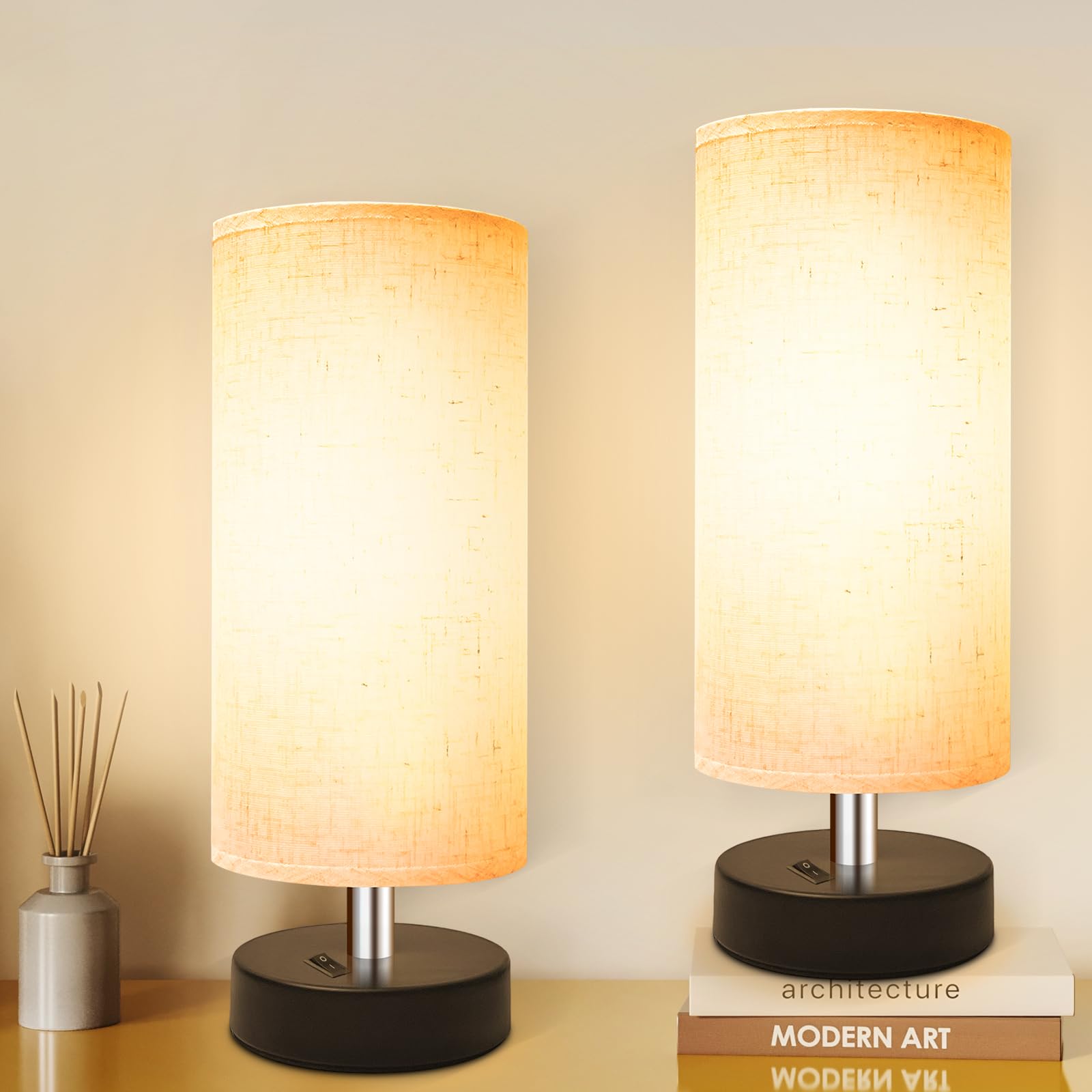Degnju Small Lamp For Bedroom, Bedside Lamps For Night Stands, Mini Minimalist Table Lamp With Round Flaxen Fabric Shade, 11.4 Inch Desk Reading Lamp For Dorm Room Living Room Office Room, 2 Pack