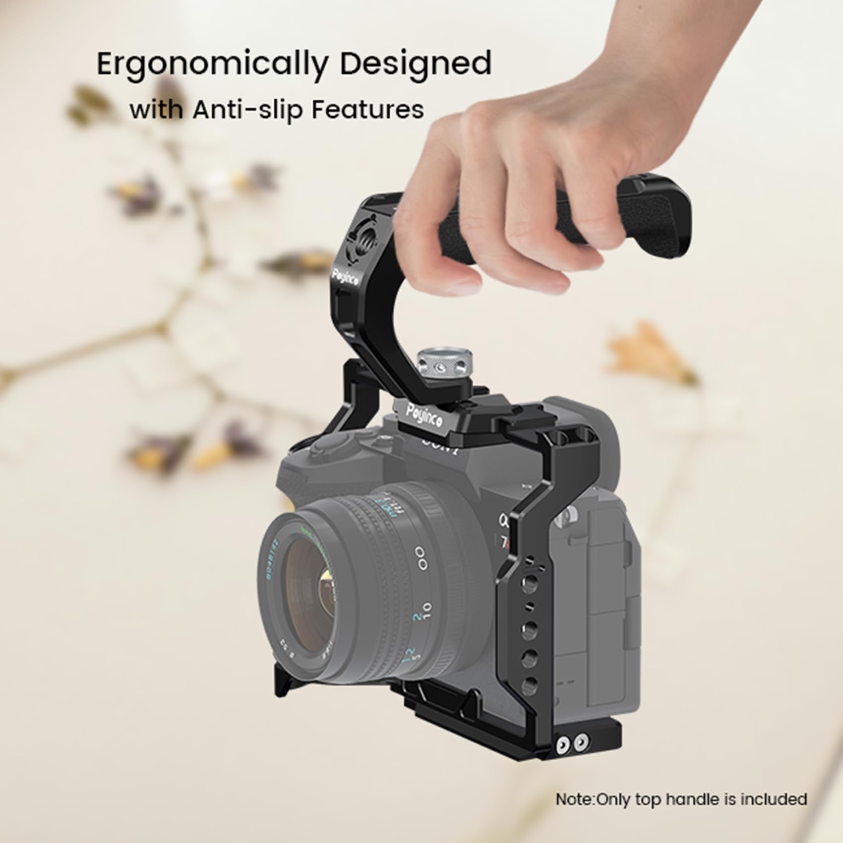 Poyinco Top Handle With 1/4" Threaded Stud 3/8" Threaded Stud With Arri Dowel Pin, Silicone Handle With 1/4" 3/8" Thread And 2 Cold Shoes Jn-107B