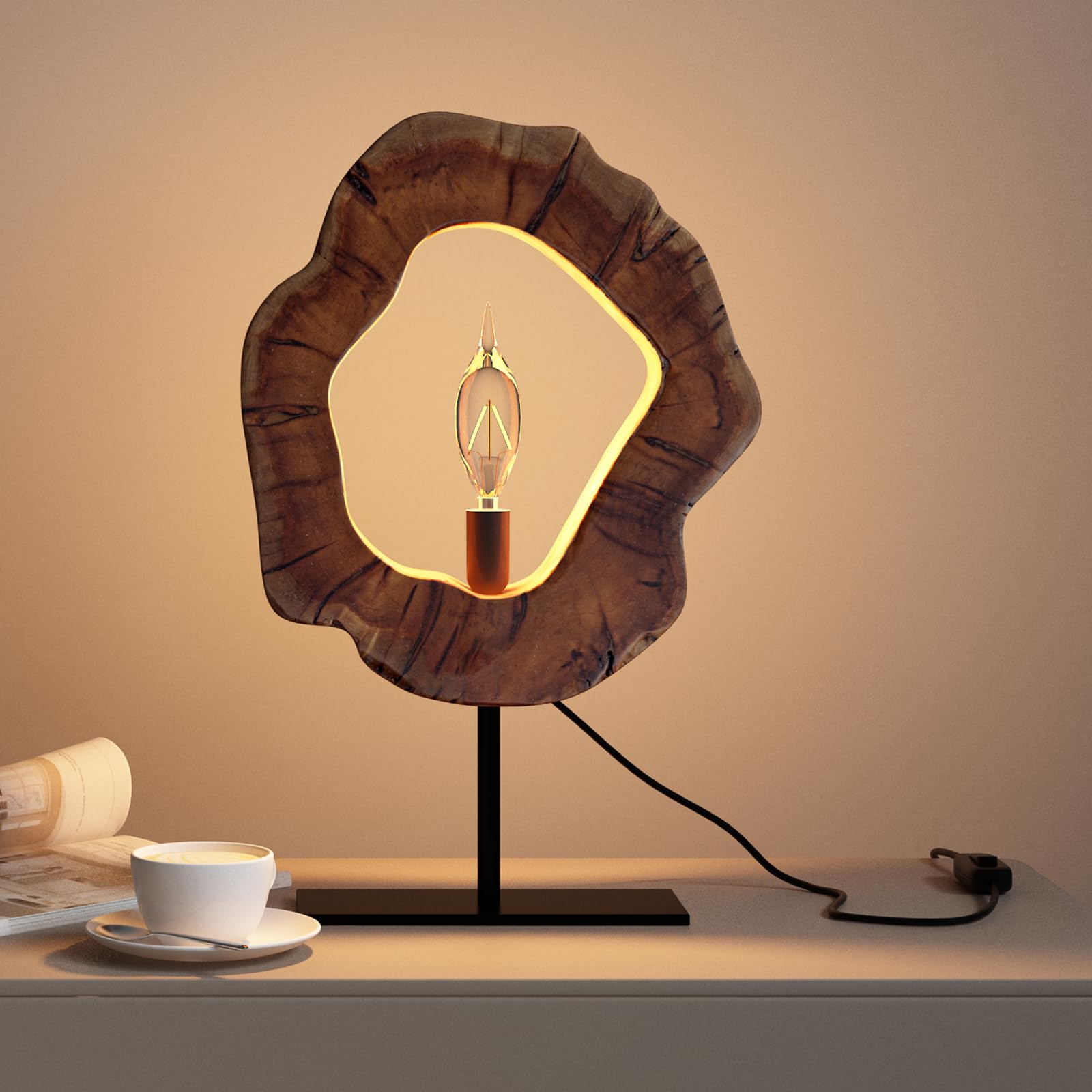Laptain Wood Table Lamp, Irregular Jujube Tree Wooden Bedside Lamp, Creative Home Decor Table Lamp, Bedside Night Light For Bedroom, Living Room, E12, On-Off Button, Iron Base