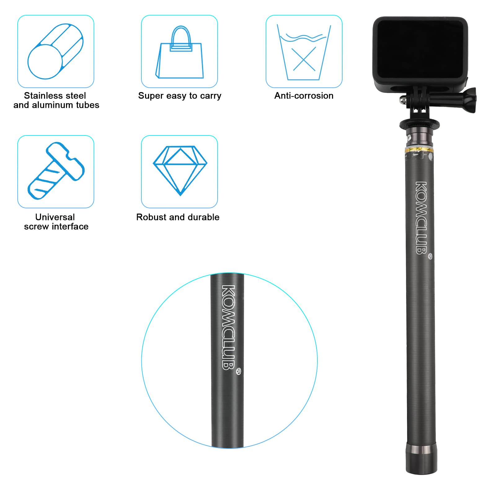 Komclub Monopod Selfie Stick,42 Inch Telescoping Selfie Stick Extendable Poles With Remote Aluminum Tube Stick Adjustable 5 Stage With Hand Strip Portable Selfie Stick Travel Accessories