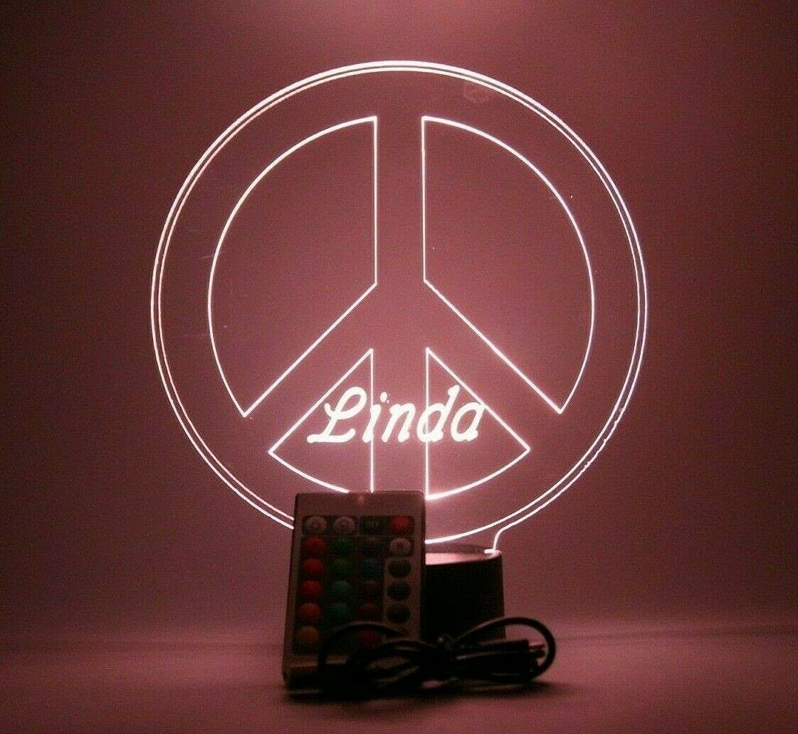 Mirror Mania Tranquility Serenity Harmony Peace Sign Light Up Table Desk Lamp Led Personalized Peace & Love Stand - It'S Wow, 16 Color Options With Remote, Dimmer, Engraved, Great