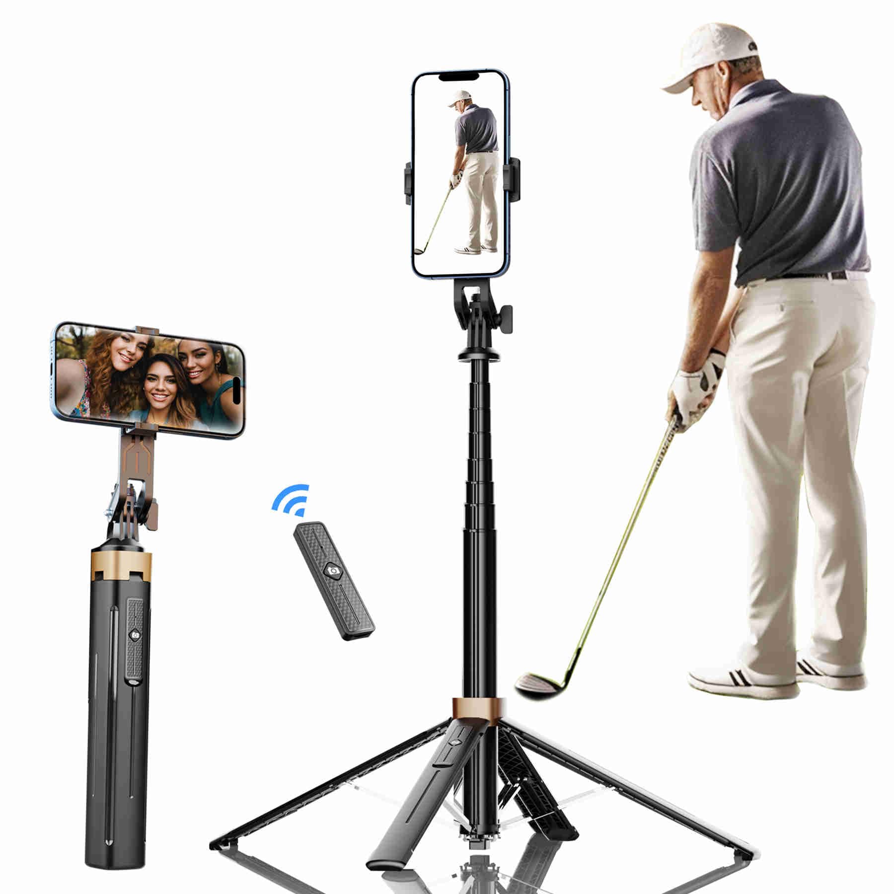 Moudao Phone Tripod Selfie Stick For Golf Training 71'' Golf Tripod With Detachable Wireless Remote Portable Smartphone Tripod For Iphone, Android, Camera & Gopro (Black)