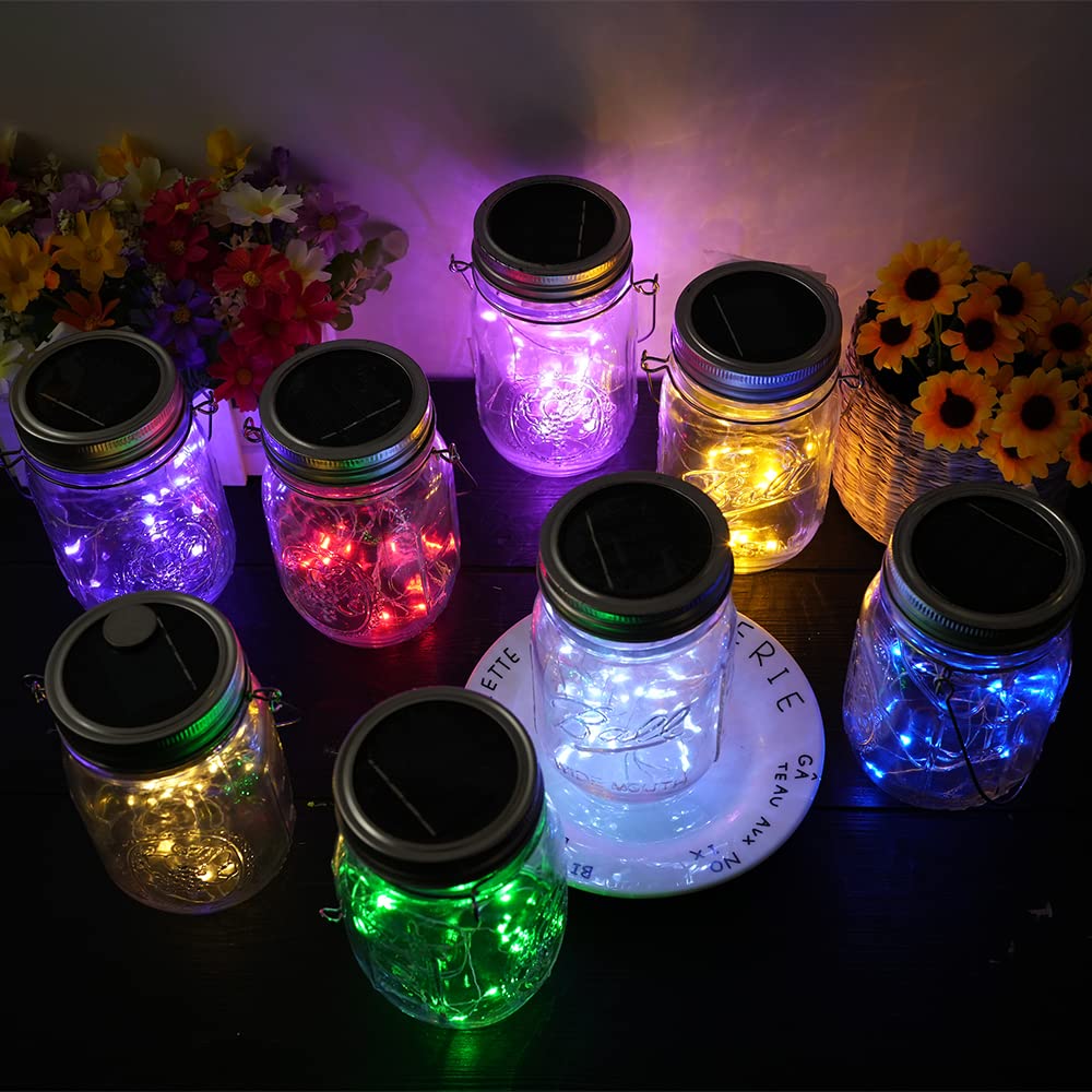 Miaro 8 Pack Mason Jar Lights, 20 Led Solar Warm White Fairy String Lights Lids Insert For Garden Deck Patio Party Wedding Multicolor