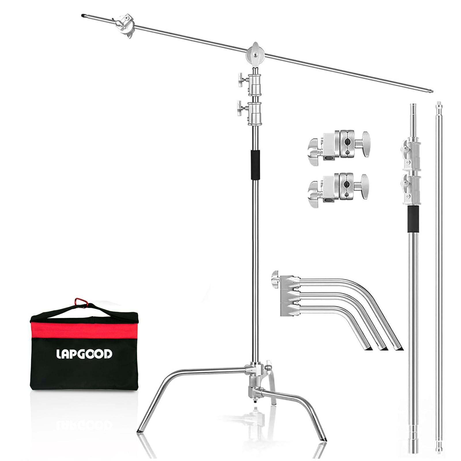 Lapgood 100% Stainless Steel Heavy Duty C Stand With Boom Arm - Max Height 10.8Ft/330Cm Photography Light Stand With 4.2Ft/127Cm Holding Arm, 2 Grip Head For Studio Monolight, Softbox, Reflector