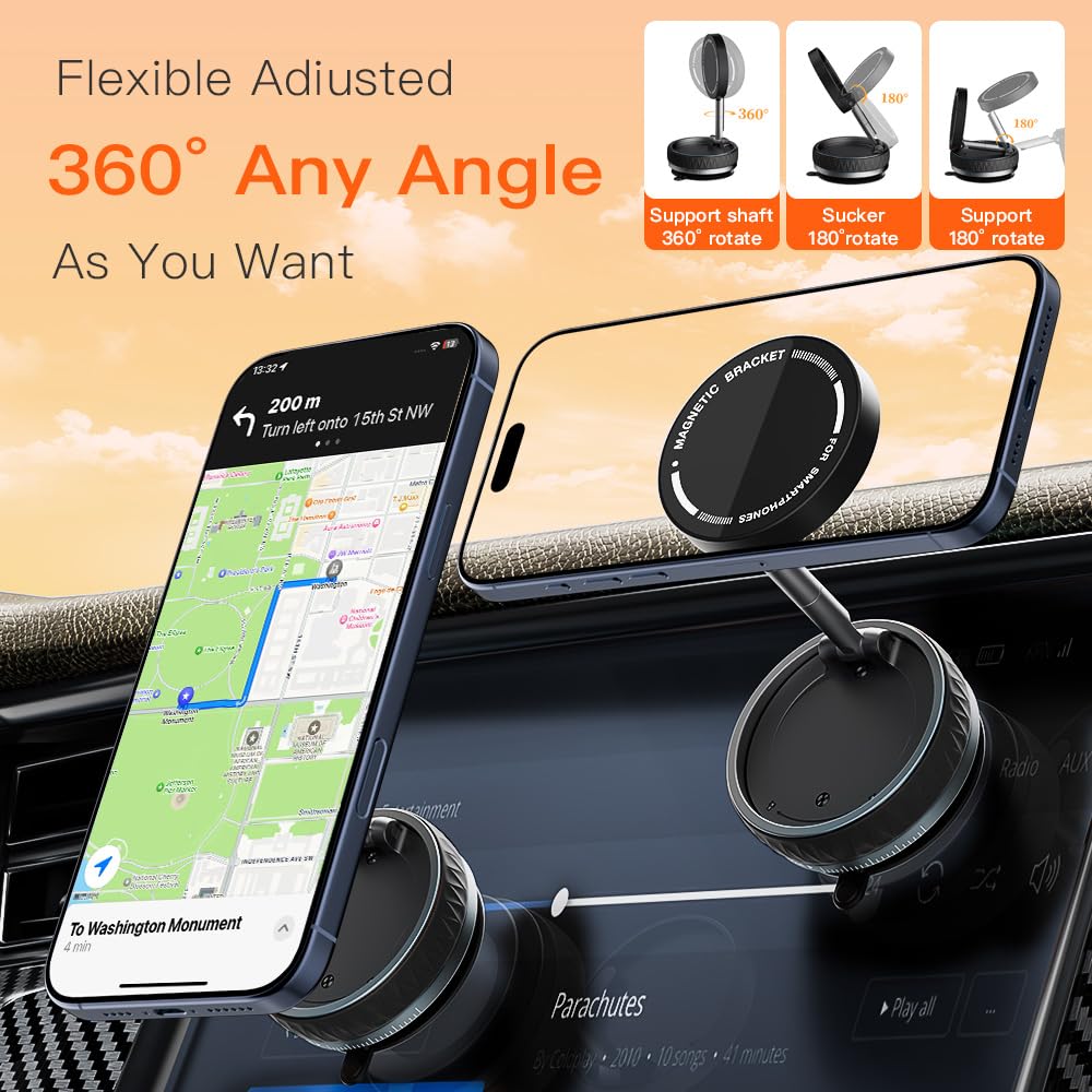 Vosatron Vacuum Suction Magnetic Car Phone Holder For Magsafe, 66Lbs Strongest Suction Cup Phone Holder, 360° Adjustable Magnetic Car Phone Mount, Quick Release Cell Phone Holder For All Phones/Smooth Surface