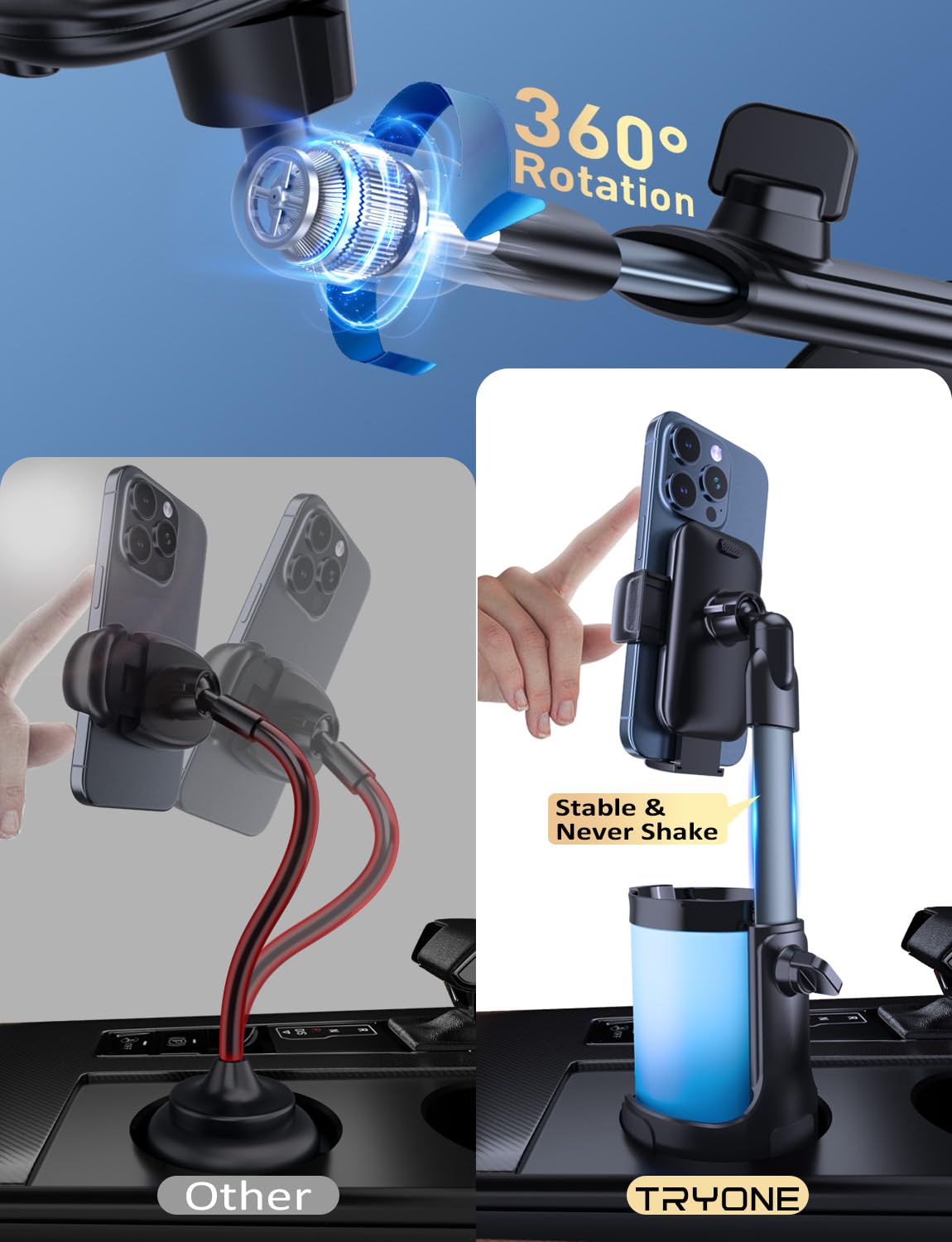Tryone Cup Phone Holder Mount For Car:  Aluminum Adjustable Rod Cell Phone Cup Holder Stand For Auto  Truck Suv Compatible With Iphone & Samsung & All 4.0-7.0 Inches Smartphone