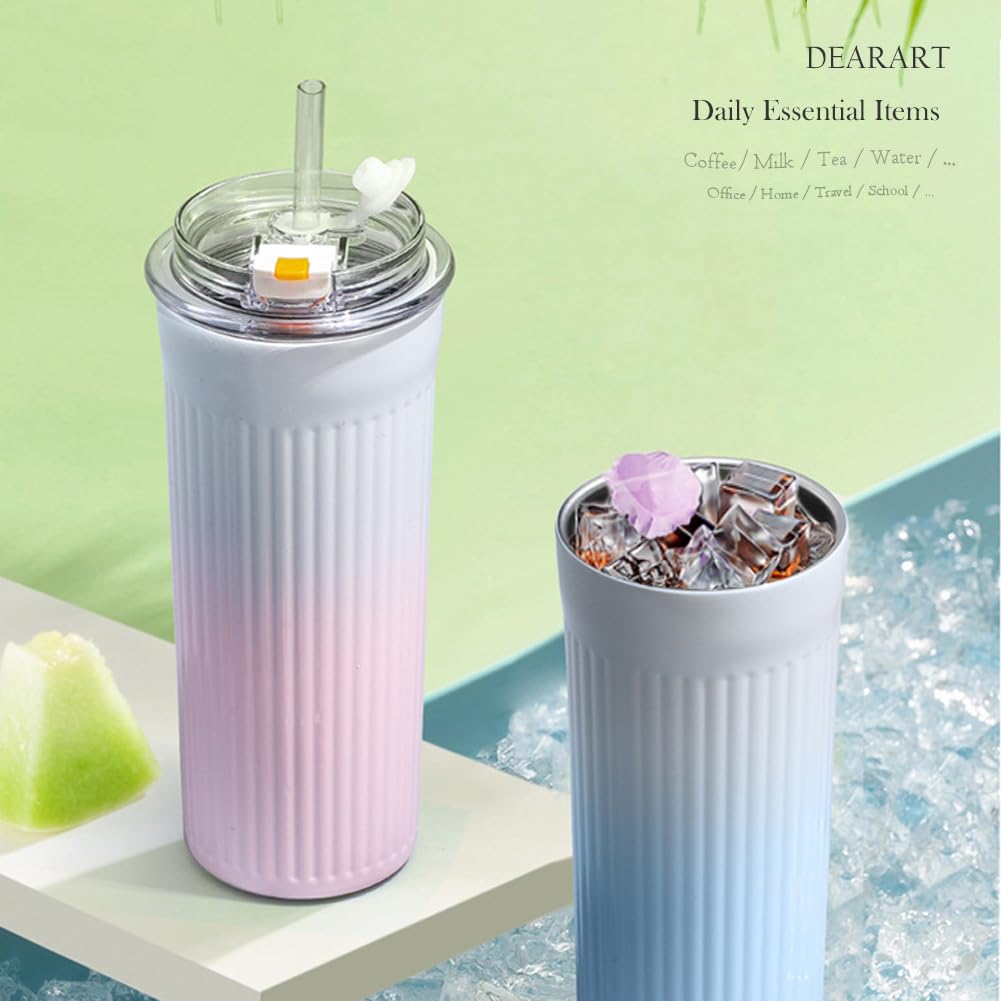 Dearart Insulated Bottle With Wave Shaped Bottles, Blue Vacuum Cup Stainless Steel With Straw