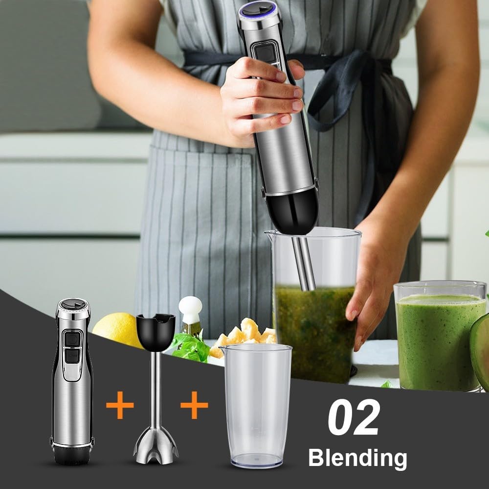 Byhip Immersion Blender 4 In 1 Hand Blender 800W Heavy Duty Motor, 15 Speed And Turbo Handheld Blender Stainless Steel Blade With 800Ml Mixing Beaker, 500Ml Chopper, Whisk And Milk Frother (Silver)