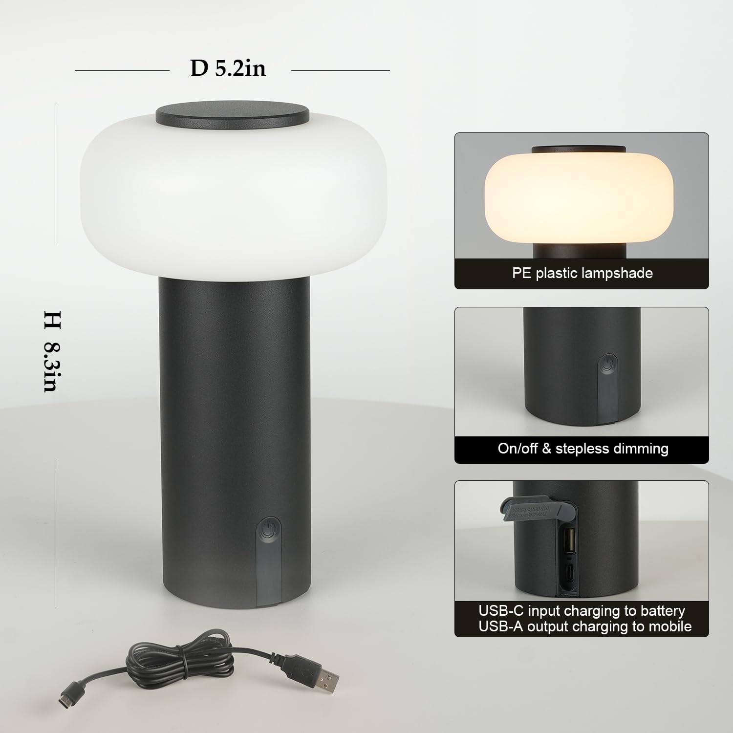 Weilailux Shower Lamp Waterproof, Outdoor Cordless Table Lamp Rechargeable, Portable Battery Operated Lamp, Touch Dimmable Night Light For Bedroom/Patio/Dinning/Camping (Black)