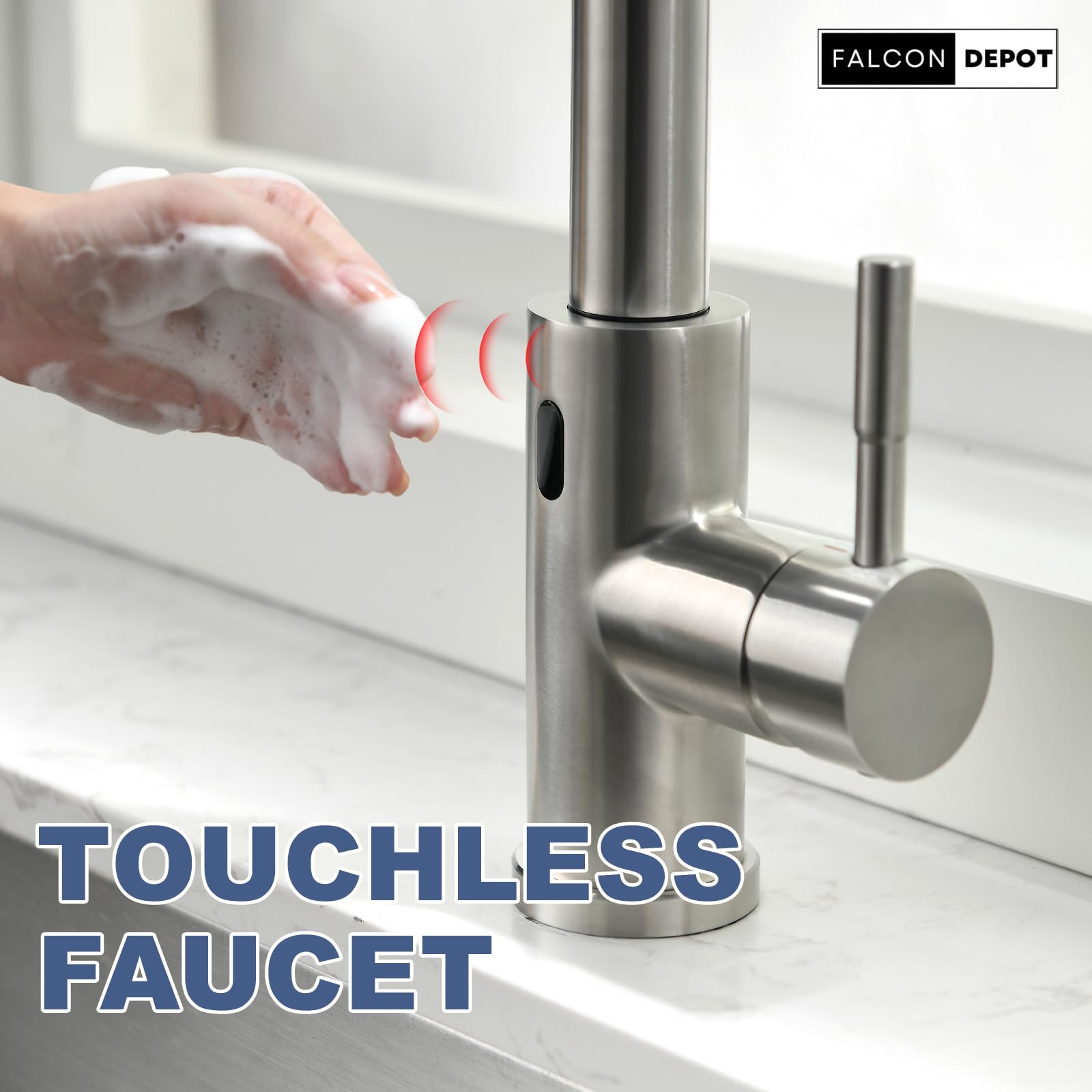 Falcon Depot Touchless Kitchen Faucet With Pull-Down Sprayer – Motion Sensor, Hands- Smart Activated Single-Hole Spring Faucet For Kitchen Sink – Brushed Nickel. 20" Inches Hight