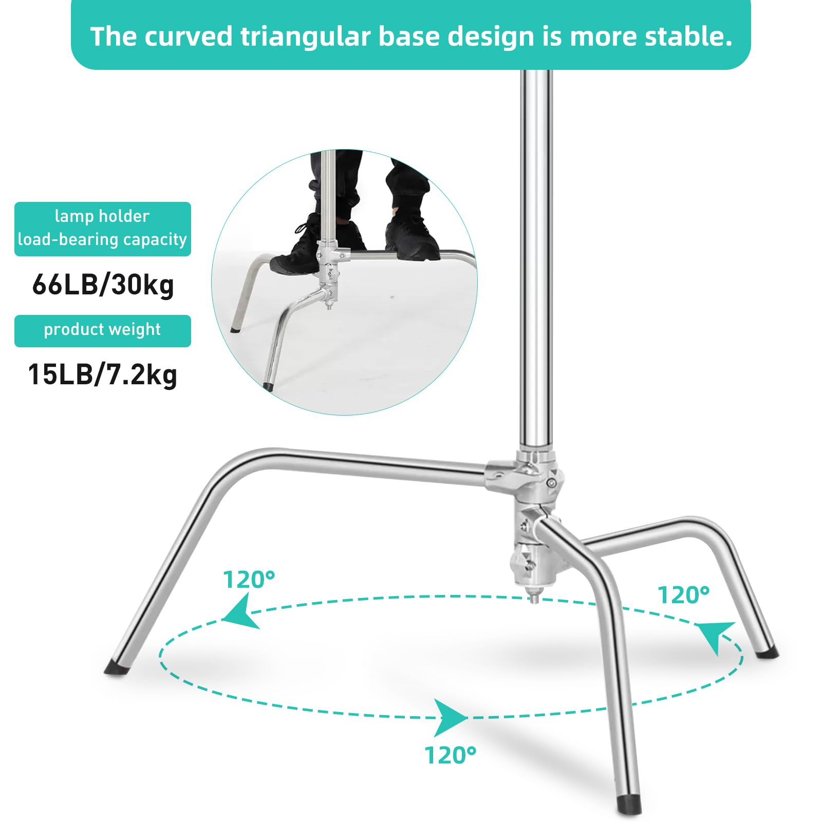 Lapgood 100% Stainless Steel Heavy Duty C Stand With Boom Arm - Max Height 10.8Ft/330Cm Photography Light Stand With 4.2Ft/127Cm Holding Arm, 2 Grip Head For Studio Monolight, Softbox, Reflector