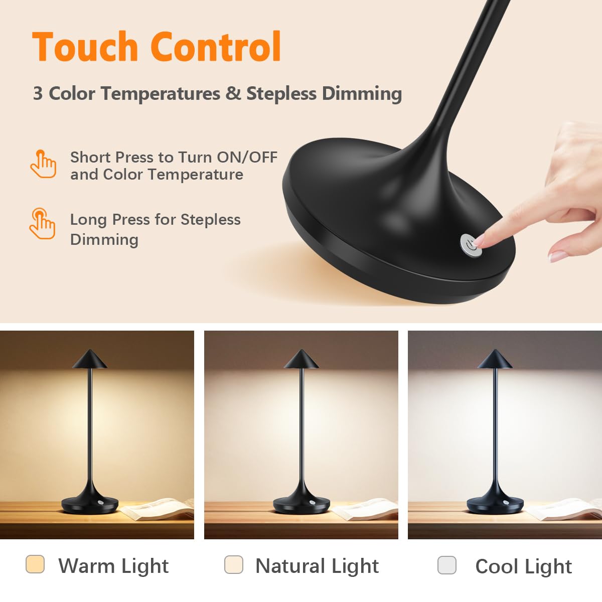 Bravzurg Cordless Led Table Lamp, 6000Mah Rechargeable Battery Operated Table Lamps, Modern & Portable, Dimmable, Wireless Small Desk Lights For Outdoor Restaurant Home Bedside – Black