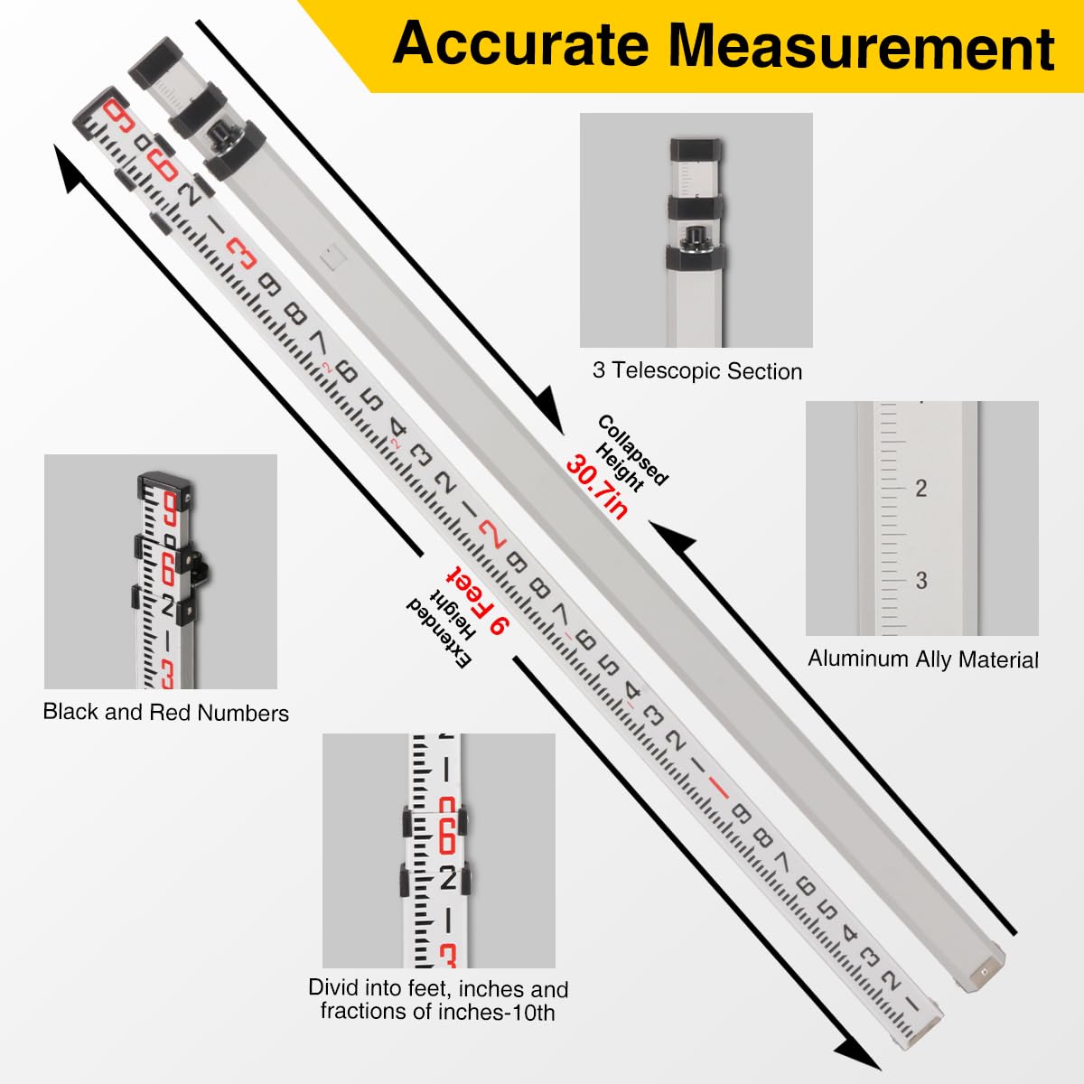 Mountlaser Lightweight Aluminum Surveying Tripod 62.2" With 5/8-Inch 11-Threaded Flat Head And Dual Lock，9 Ft Dual Sided Telescopic Aluminum Grade Rod For Precise Construction Measurement,Land Surveying