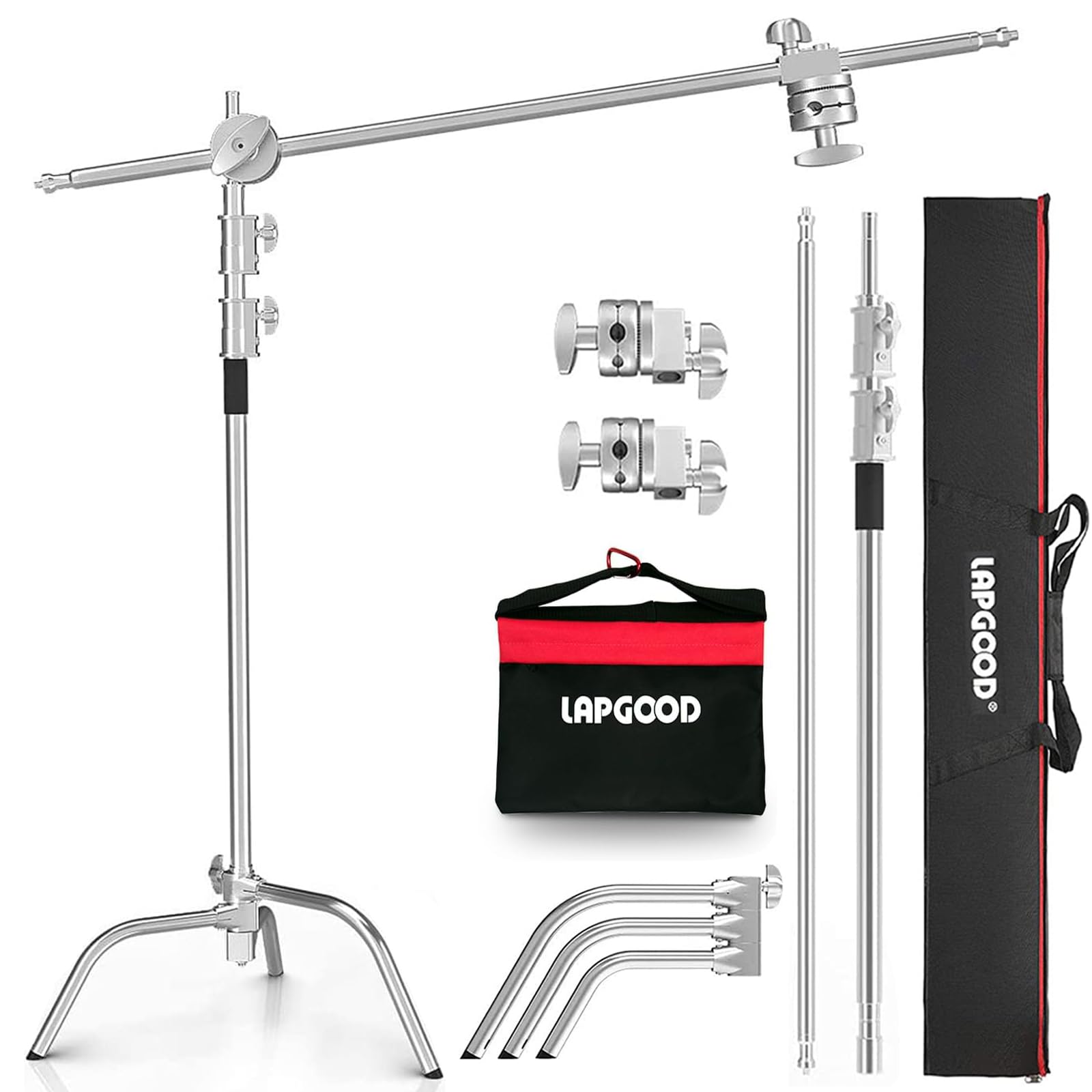 Lapgood Stainless Steel Heavy Duty C-Stand With Boom Arm,10.8Ft/330Cm Adjustable Photography Stand With 4.2Ft/128Cm Holding Arm,2 Grip Head,Sandbag,Storage Bag For Studio Monolight, Softbox, Reflector