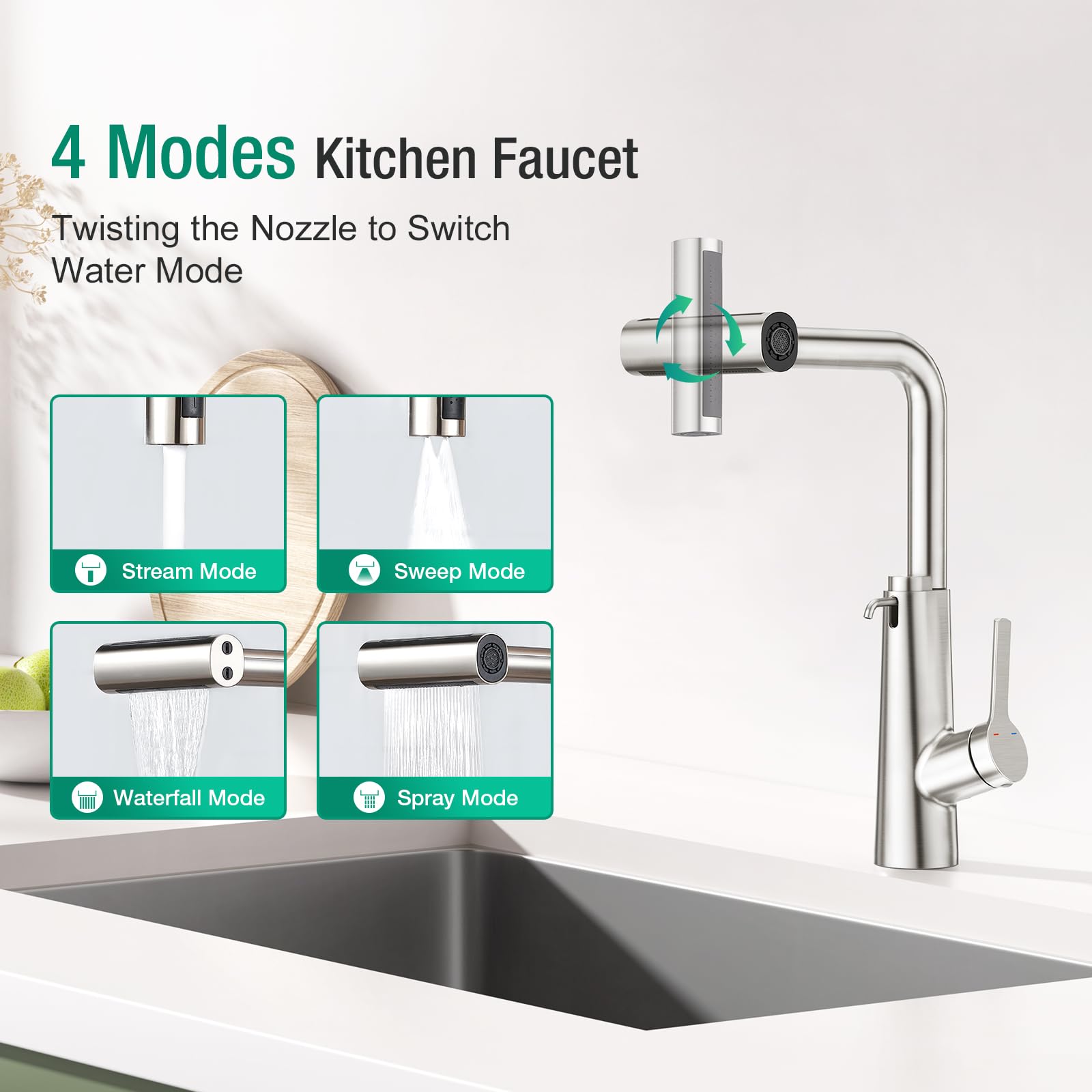 Crea Waterfall Kitchen Faucets With Soap Dispenser Built-In,4 Modes Bar Sink Faucet With Pull Down Sprayer,Single Handle 1 Hole Utility Faucet For Laundry Brushed Nickel Stainless Steel