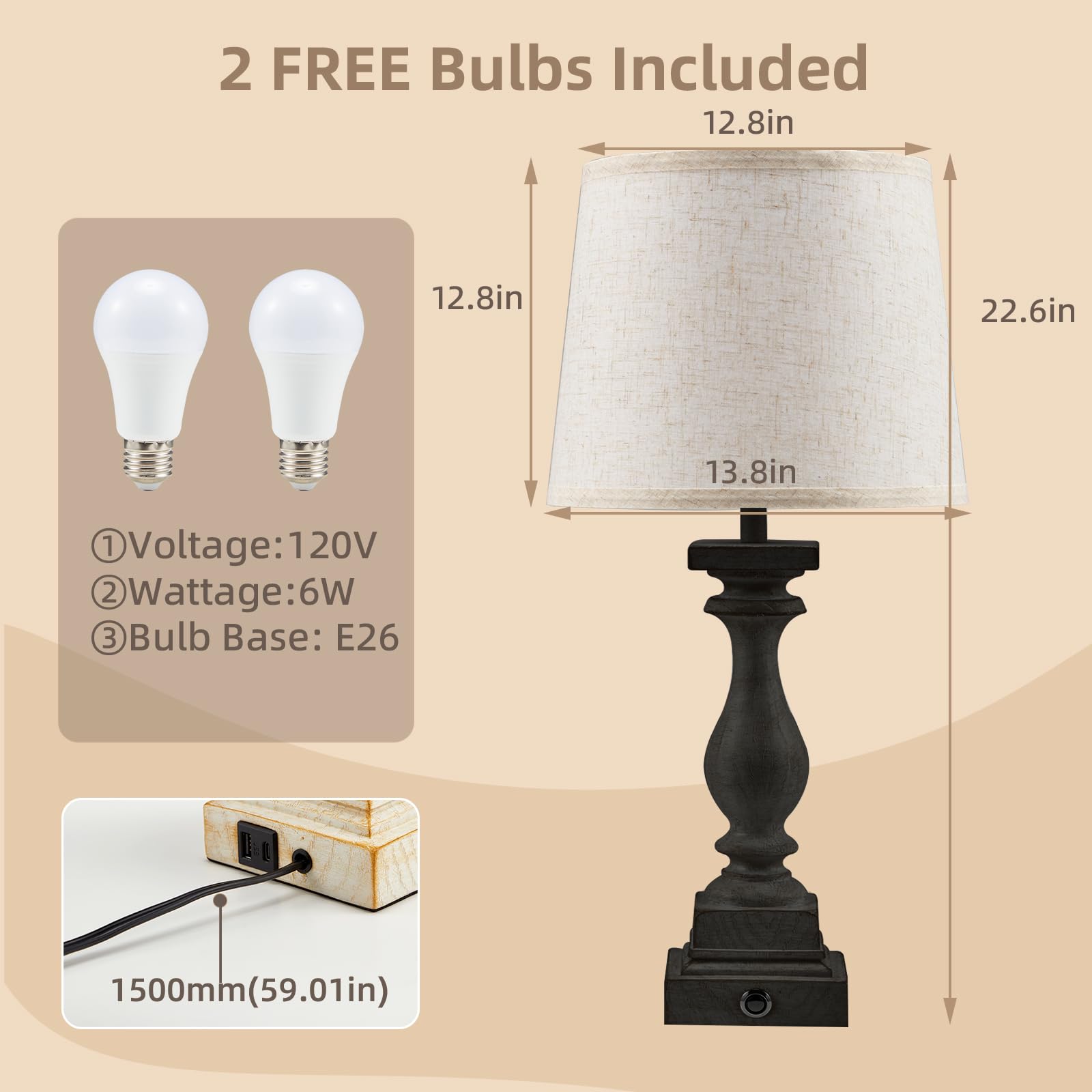 Bupplee Touch Lamps For Bedroom Set Of 2,Bed-Side Table Lamps With 2 Usb Ports, Bedroom Lamps With 3- Way Dimmable,23" Tall Table Lamps For Living Room/Night-Stand, Bonus 2 Bulbs