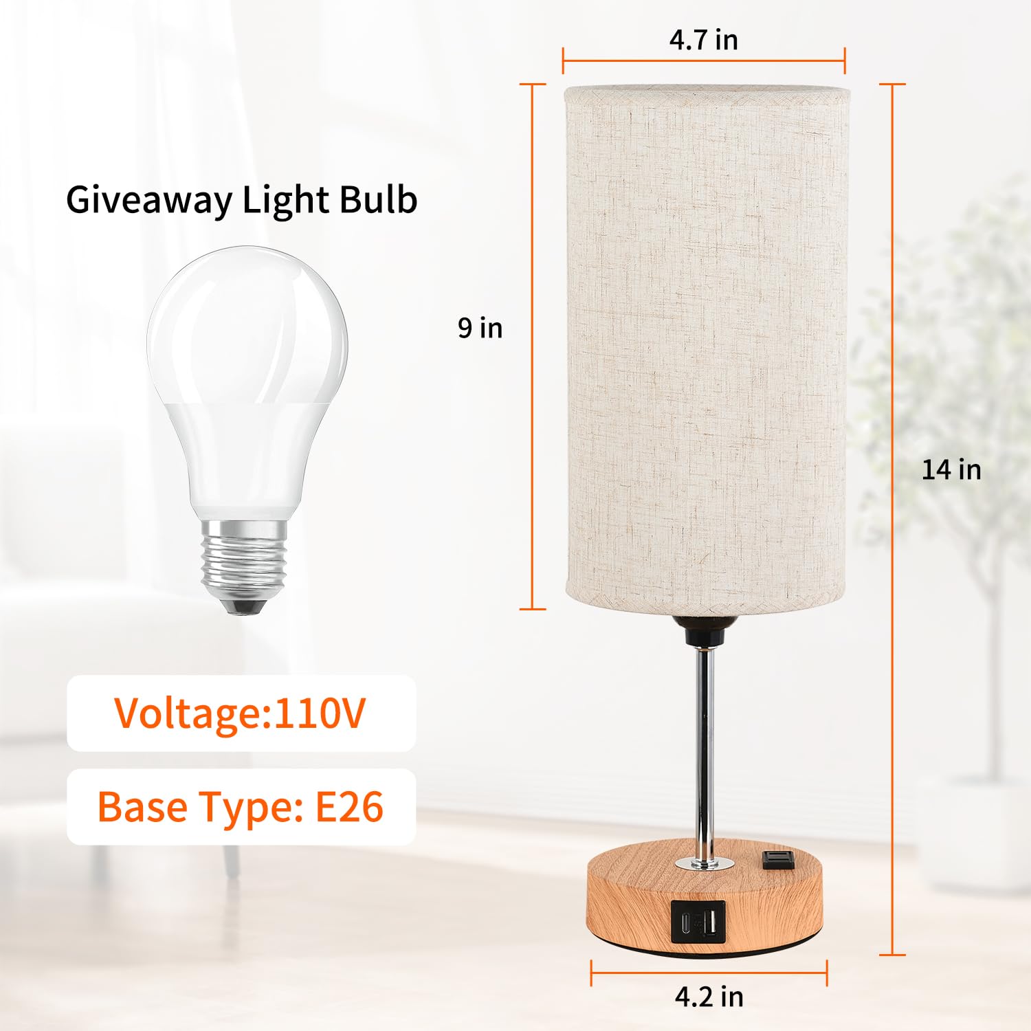 Xiaobei Bedside Table Lamp With Usb C Port - Touch Control For Bedroom Wood 3 Way Dimmable Nightstand Lamp With Round Flaxen Fabric Shade For Living Room, Dorm, Home Office, Led Bulb Included