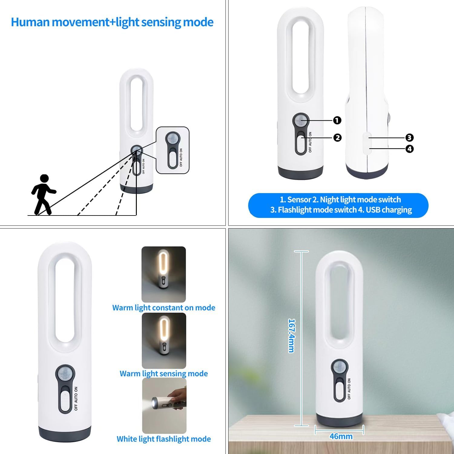 Yzyoe Rechargeable 2-In-1 Portable Warm Light Motion Sensor Bedside Lamp And Led White Light Flashlight, Suitable For Outdoor Camping Children To Read And More.