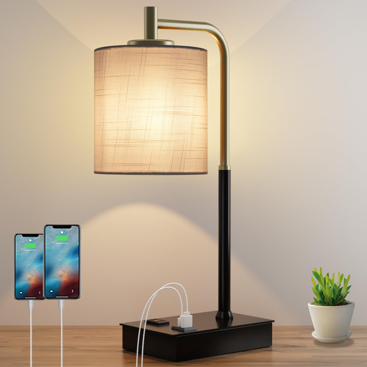 Oyedis Mafeiyan Touch Control Table Lamp, 3-Way Dimmable Modern Bedside Lamp With Usb Port And Outlet, Fabric Shade Nightstand Lamp Side Table Lamp,Desk Lamp For Bedroom Living Room, Bulb Included
