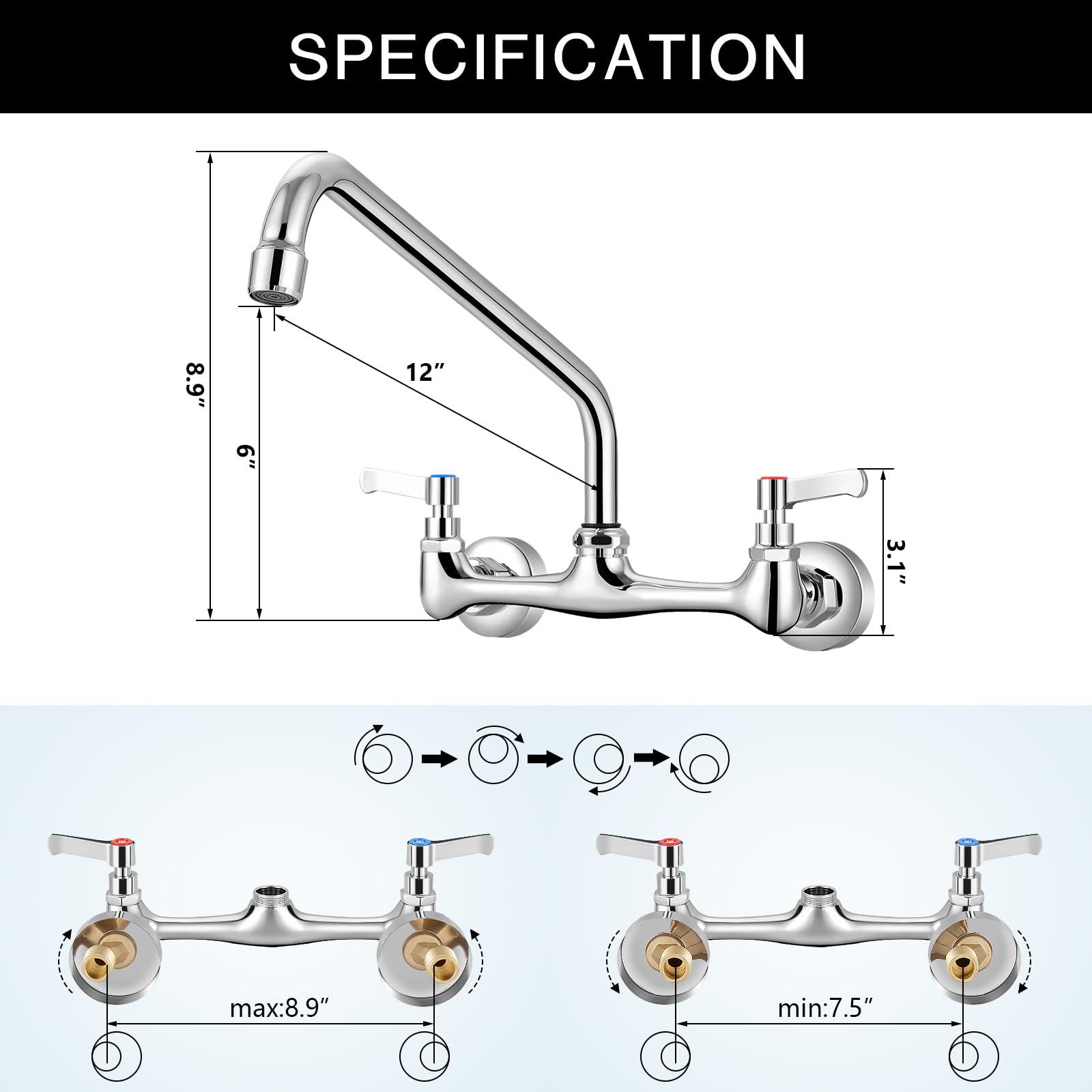Fgkq Wall Mounted Kitchen Faucets, Kitchen Faucet With 12 Inch Goose Neck, Commercial Kitchen Sink Faucets With 360 Degree Spout, Adjustable Install Distance, Chrome