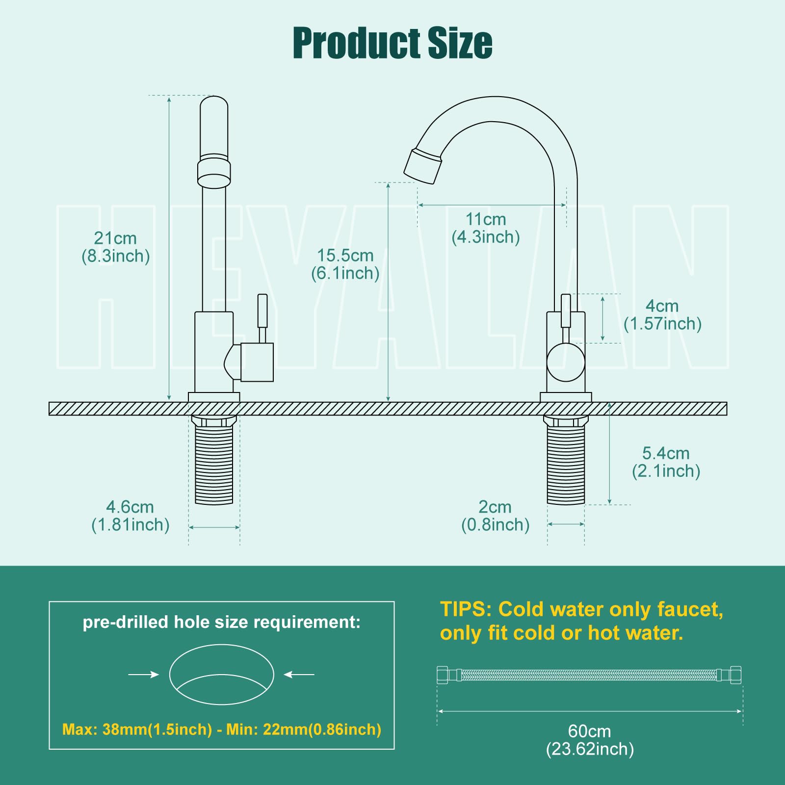 Heyalan Kitchen Faucet Single Handle 1 Hole Deck Mount Sus304 Stainless Steel Sink Bar Tap Goose Neck,Cold Water Faucet,Brushed Nickel