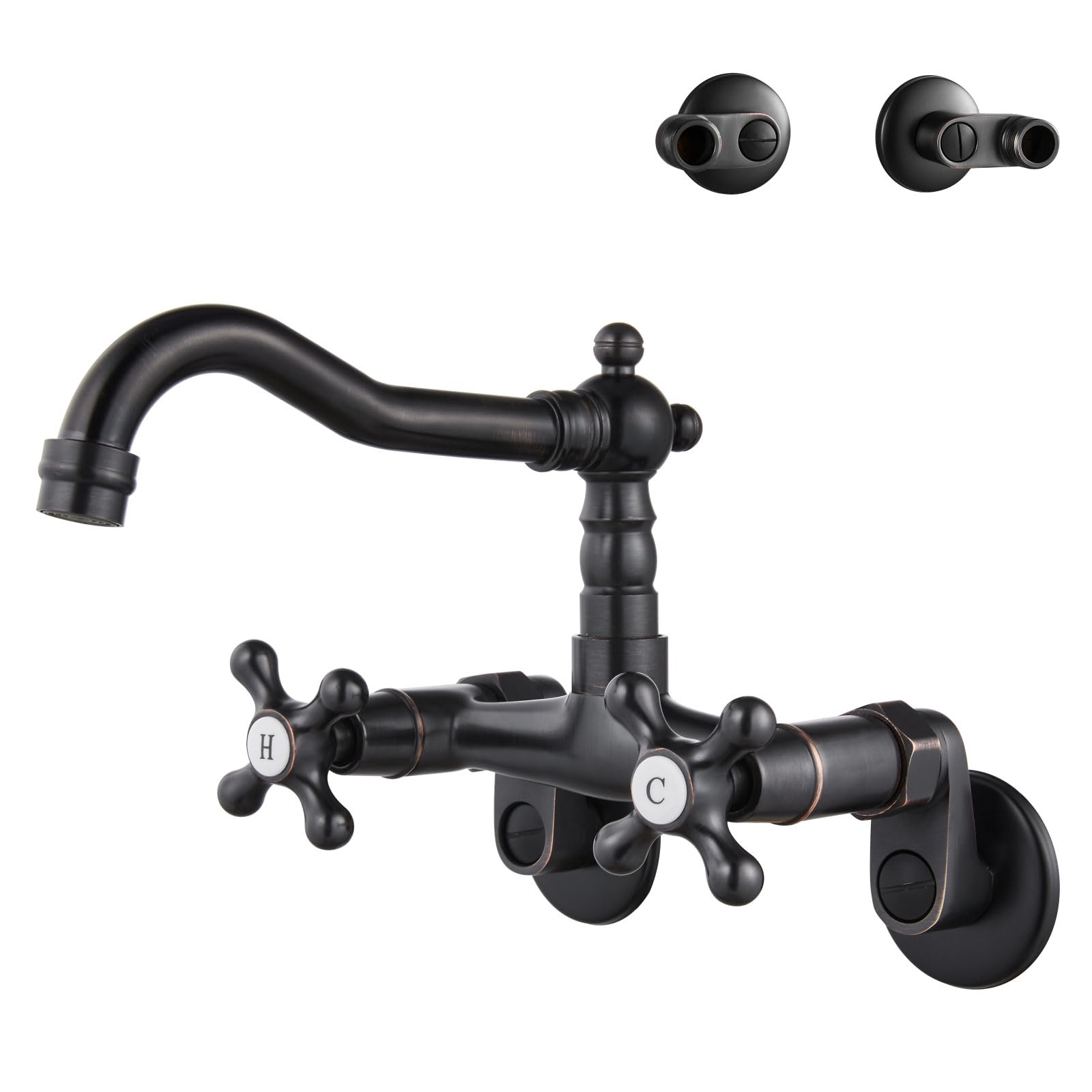 Aolemi Oil Rubbed Bronze Wall Mount Kitchen Faucet, 6 Inch Spout, Adjustable Center 3 To 9 Inch, 2 Hole Two Cross Handle Mixer Tap
