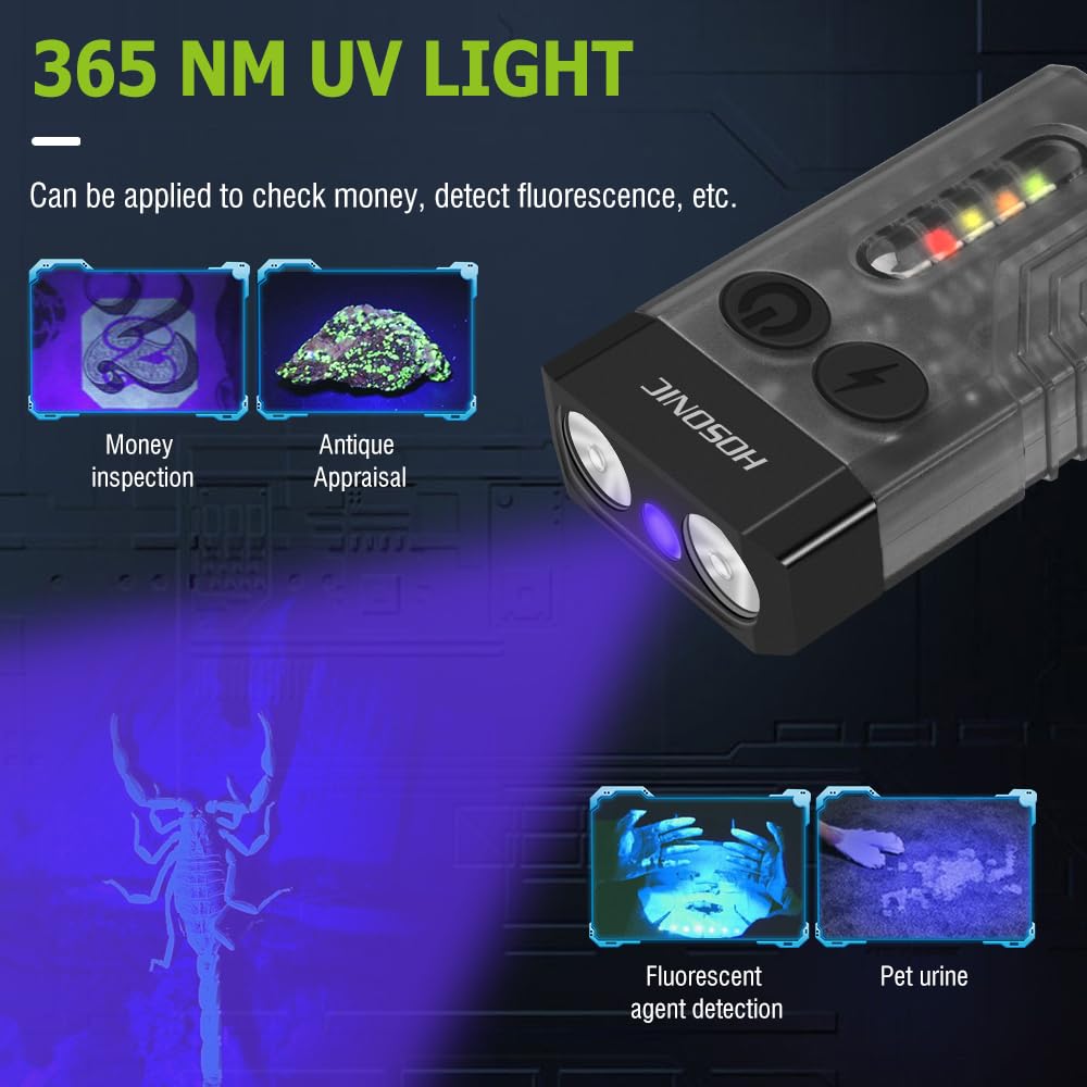 Hosonic E9 Small Edc Flashlight Powerful 1000 Lumens, Rechargeable Mini Keychain Flashlights With 365Nm Uv Red Blue Light 12 Modes, Magnetic Flash Light Ipx4 Waterproof