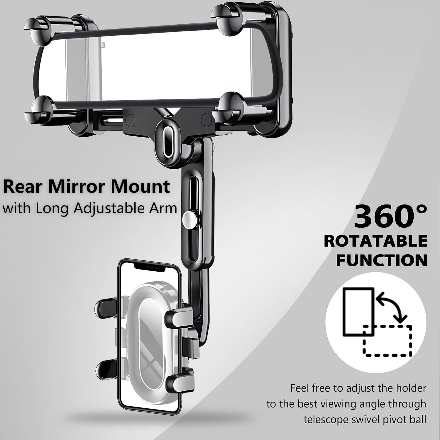 Pkyaa Rearview Mirror Phone Holder For Car, 360° Rotating Rear View Mount With Adjustable Arm Length,  Four Corners Fixed Anti-Shake Multifunctional Design For All Smartphones
