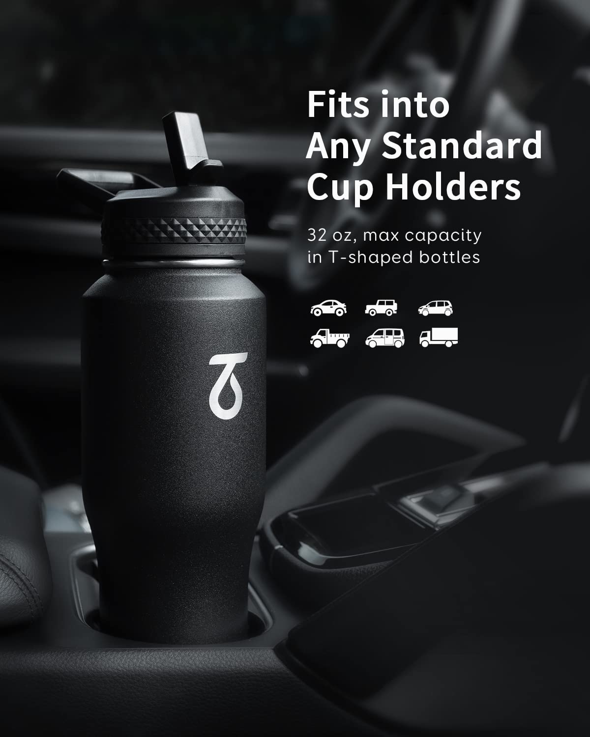 Trebo 32 Oz Water Bottle Insulated Fit In Any Car Cup Holder,Triple Wall Vacuum Stainless Steel