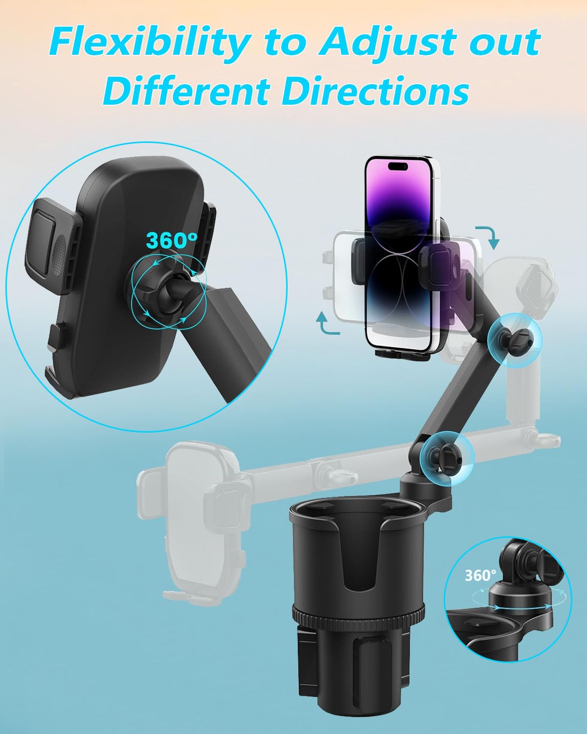 Easkkty Cup Phone Holder For Car With Expandable Base, 2 In 1 Adjustable Hands  Cell Phone Holders Car Cupholder Mount, Friendly Fit Large Bottle & Iphone All Cellphone For Truck Suv  No Shake Design