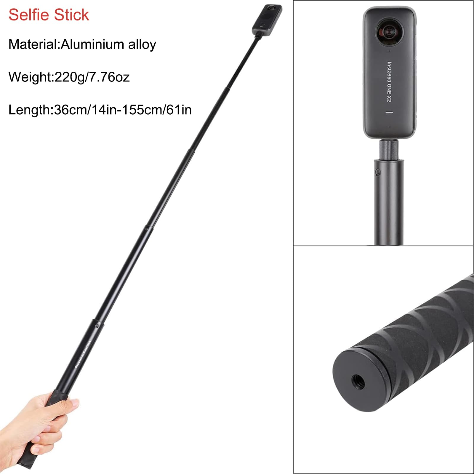 Pellking Monopod For Insta360 One X5/X4/X3/X2/X,61"/155Cm Selfie Stick+12In/31Cm Aluminium Alloy Tripod,As Ground Support Monopod For Insta360 One X4 Etc Cameras
