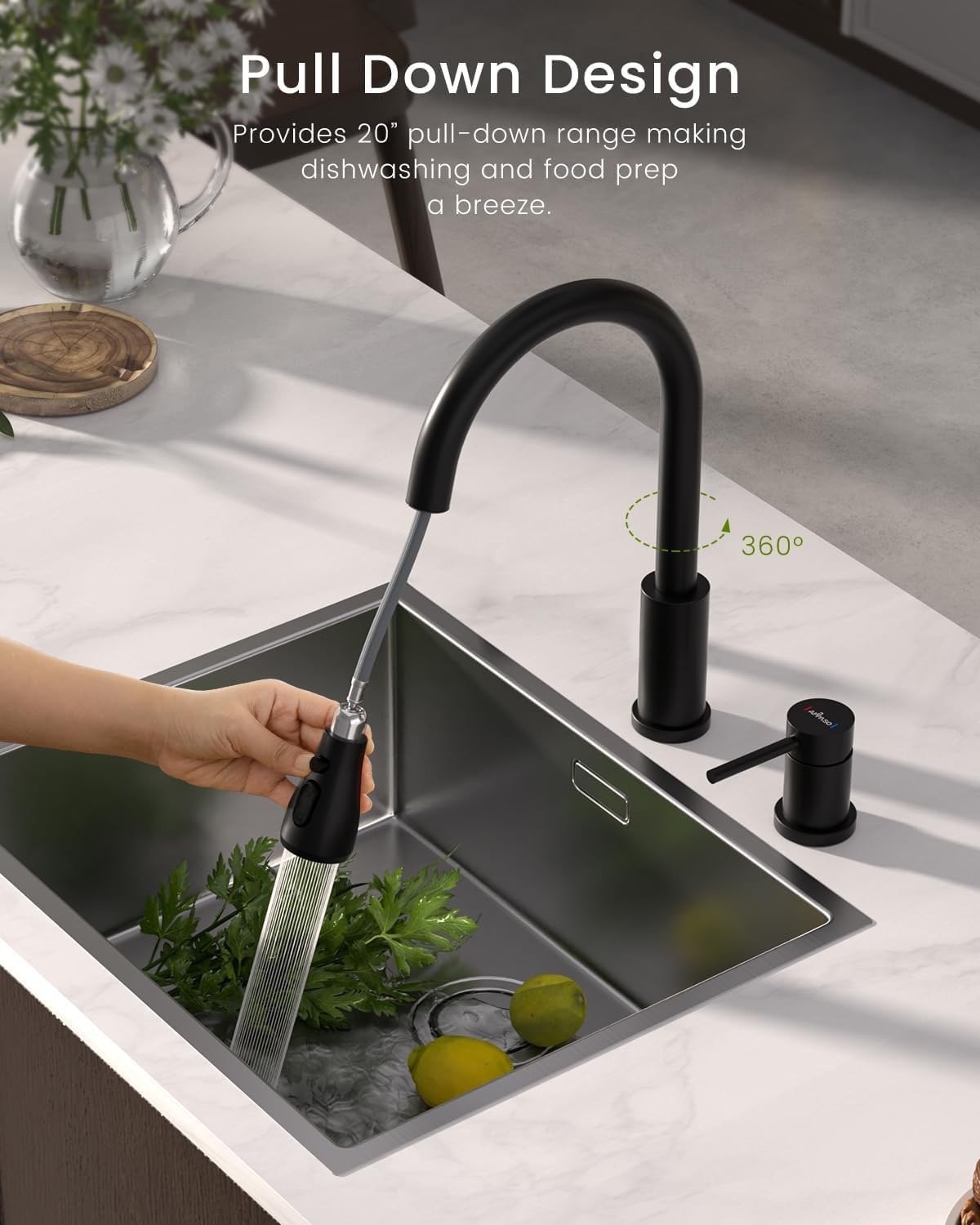 Appaso 2 Hole Kitchen Faucet, 3 Modes Matte Black Kitchen Faucet With Pull Down Sprayer, High Arch Kitchen Sink Faucet With Side Single Handle 2 Pieces