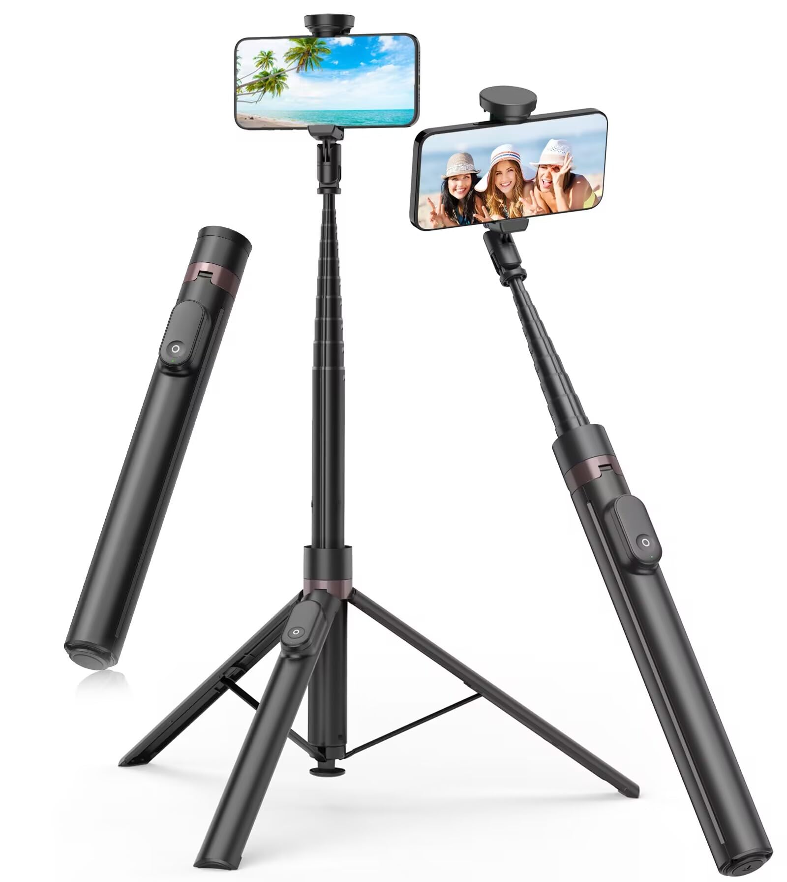 Toneof 66" Automatic Tripod,Auto-Open Phone Tripod Stand With Magnetic Rechargable Remote,Selfie Stick Tripod 360° Vertical & Horizontal Rotatable,Stable Travel Tripod For Iphone/Android(Black)