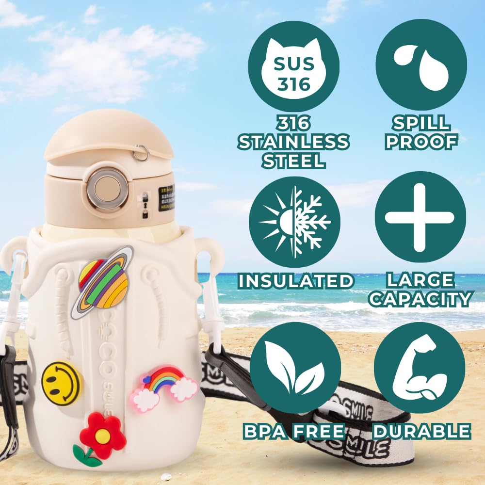 Fun Charm Kids Water Bottle With Silicon Sleeve - Kids Water Bottles For School Boys Girls, Thermal