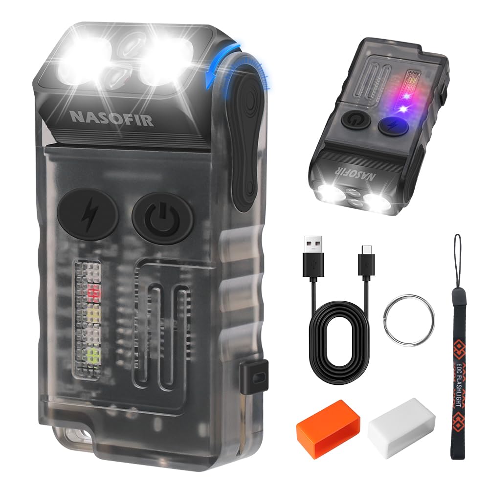 Nasofir V20 Small Powerful Edc Flashlight, High Lumens 1000 Lm Usb C Rechargeable Mini Led Keychain Pocket Led Flash Light With Clip, Cob Side Light, Magnetic Base & Beeping Alarm - 14 Modes, Ip67