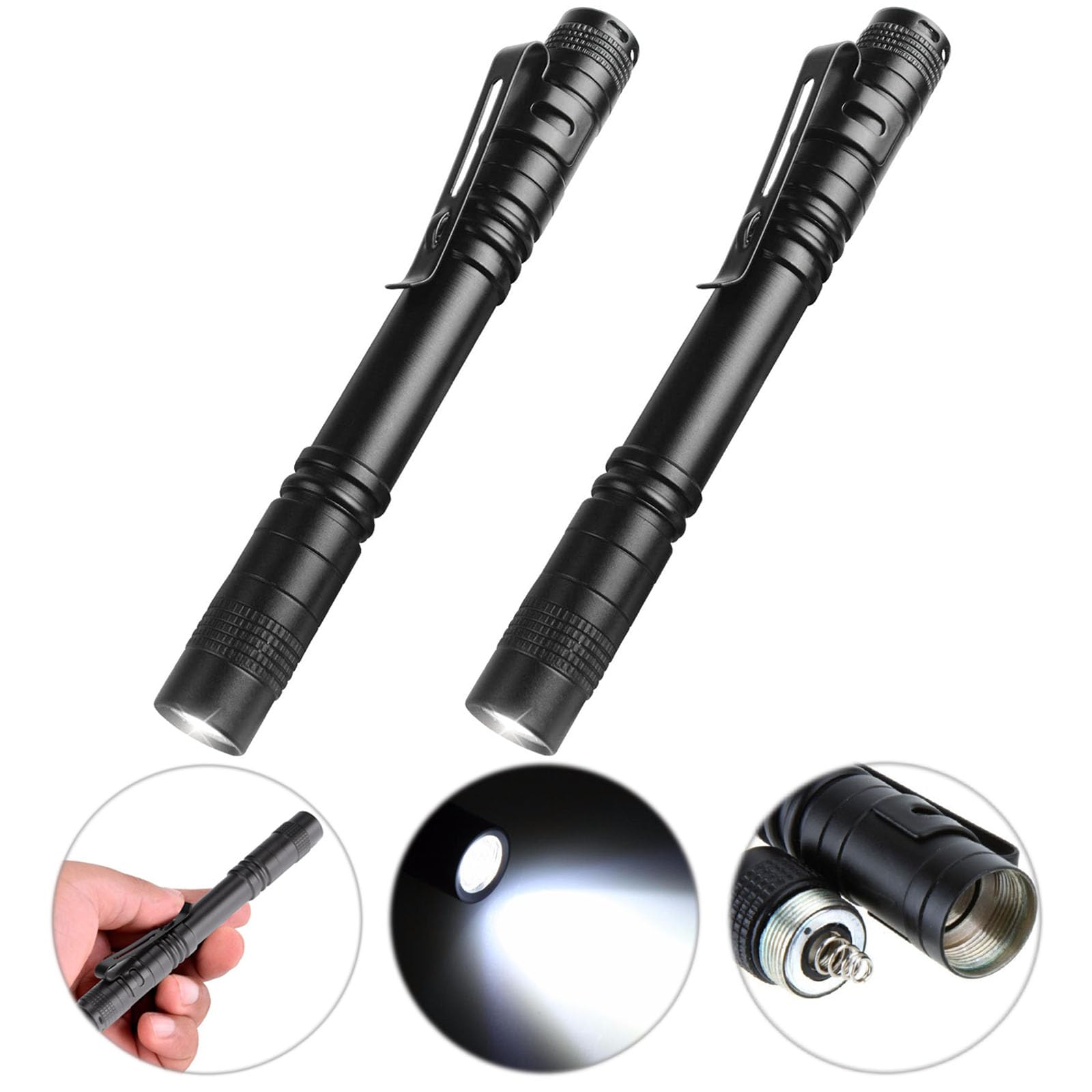 Waoniq Flashlight, 2 Pcs Mini Pen Led Lights, High Lumens, Pocket Size, Removable Clip, Wide Application, Batteries Not Included