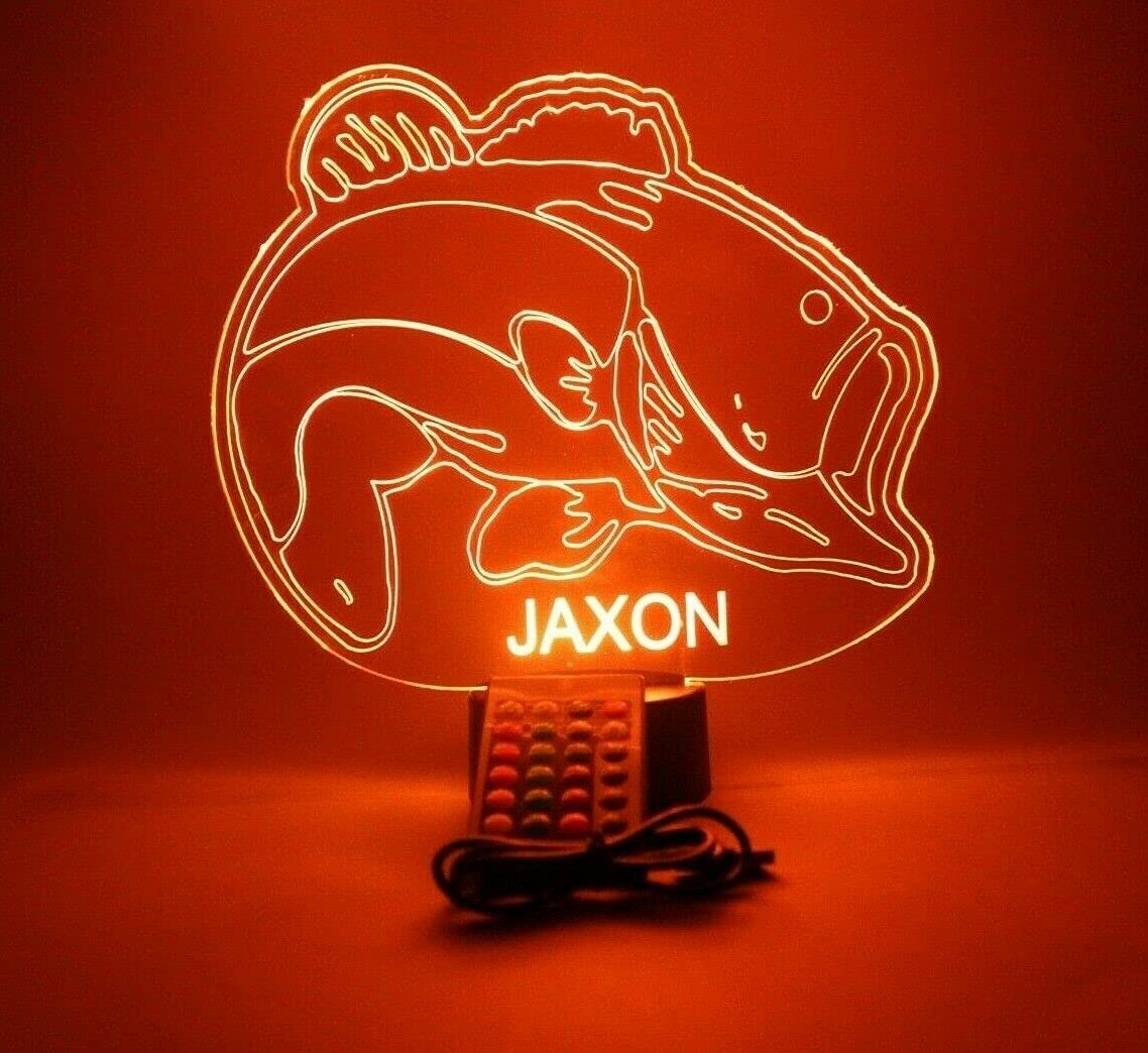 Mirror Mania Fish Sea Bass Gone Fishing Fisherman Night Light Up Lamp Led Personalized Engraved Desk Table Lamp, It'S Wow, With Remote, 16 Color Options, Dimmer, Engraved, Great
