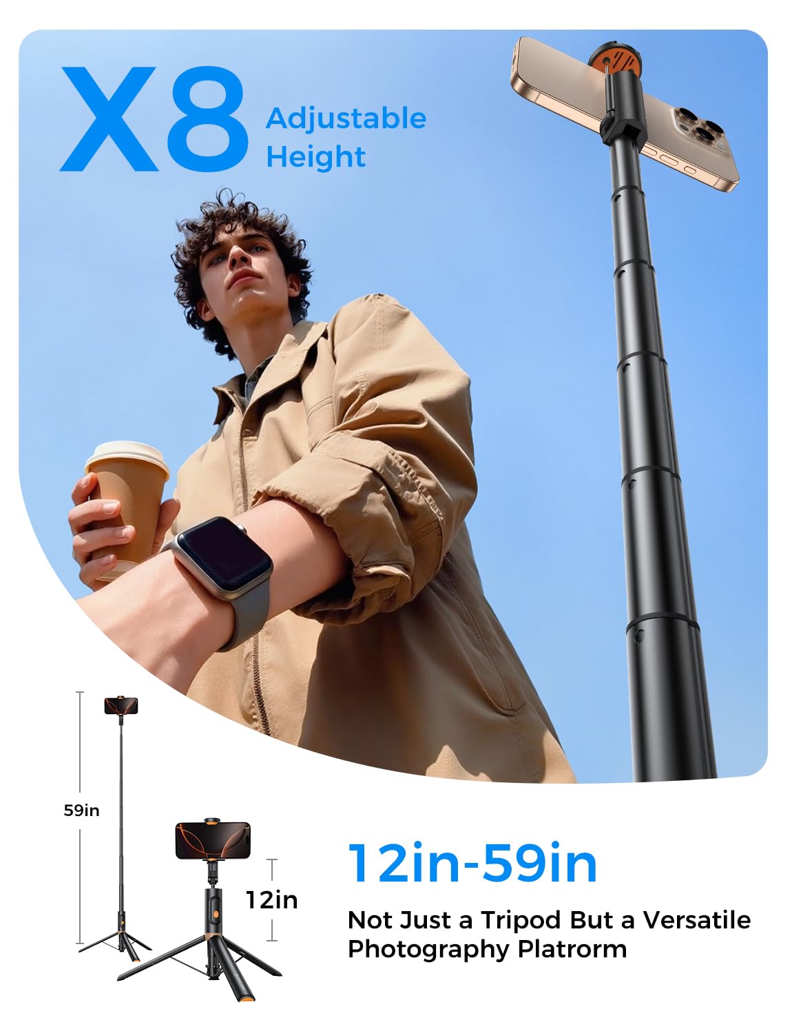 Magic John 59" Automatic Phone Tripod, Extendable Selfie Stick For Iphone, Selfie Stick Tripod With Detachable Remote, Flexible Rotation Travel Phone Stand Compatible With Iphone, Android, Camera