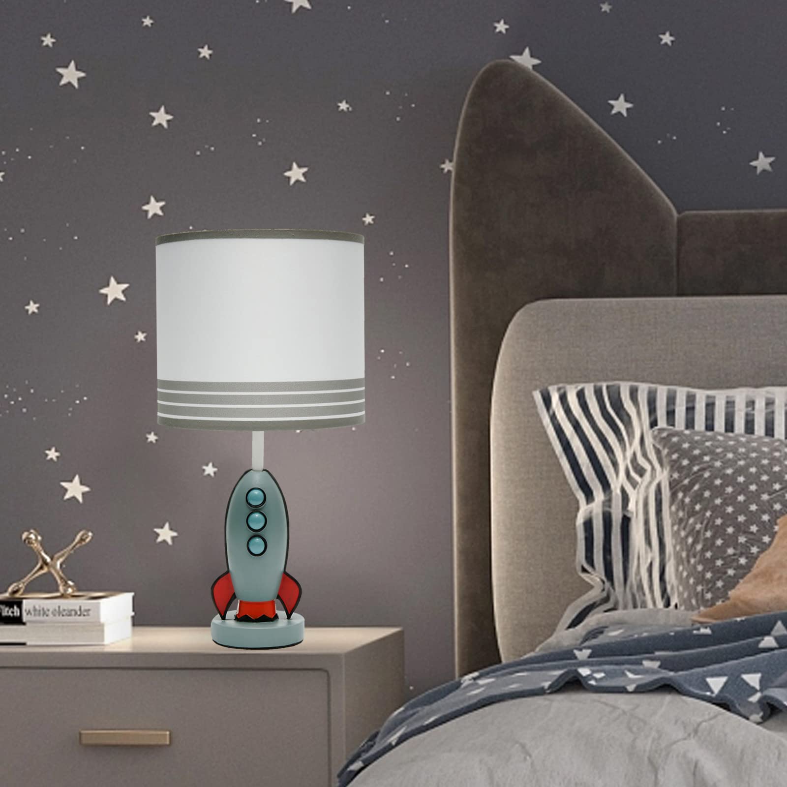 Herbestbay Kids Bedside Table Lamp, Adorable 14 Inch Rocket Ship Design With Cute Lampshade, Space Lamp Ideal For Children'S Bedroom Decor, Includes Led Bulb